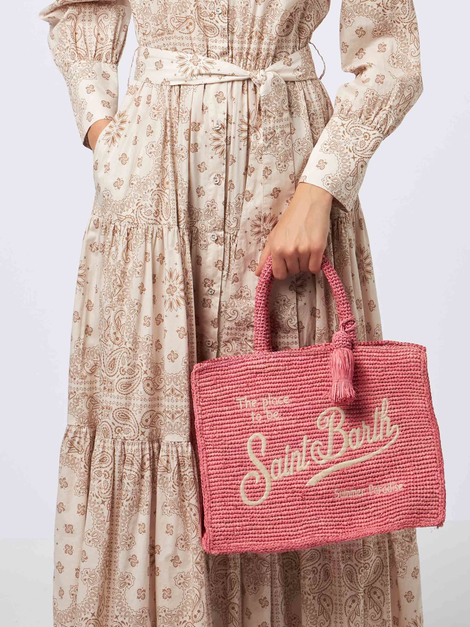 Shop Mc2 Saint Barth Pink Colette Raffia Handbag With Embroidery