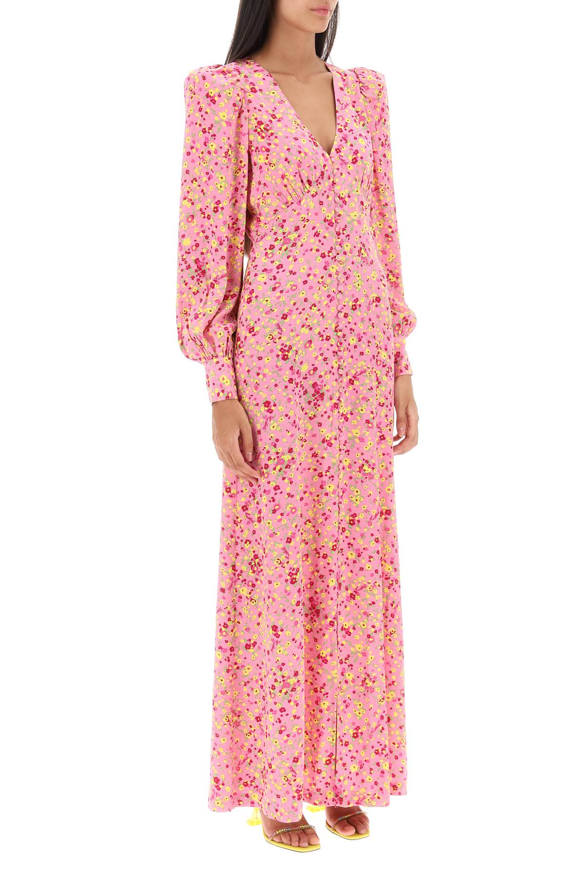 Shop Rotate Birger Christensen Maxi Shirt Dress With Bouffant Sleeves In Fuchsia Pink Comb (pink)