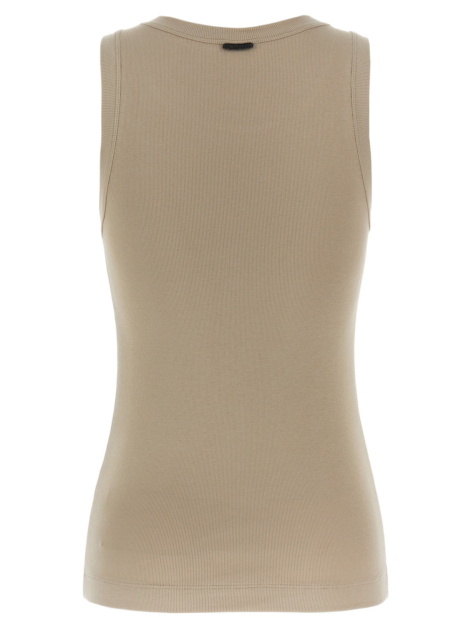 Brunello Cucinelli Ribbed Crew Neck Fitted Sleeveless Top In Beige