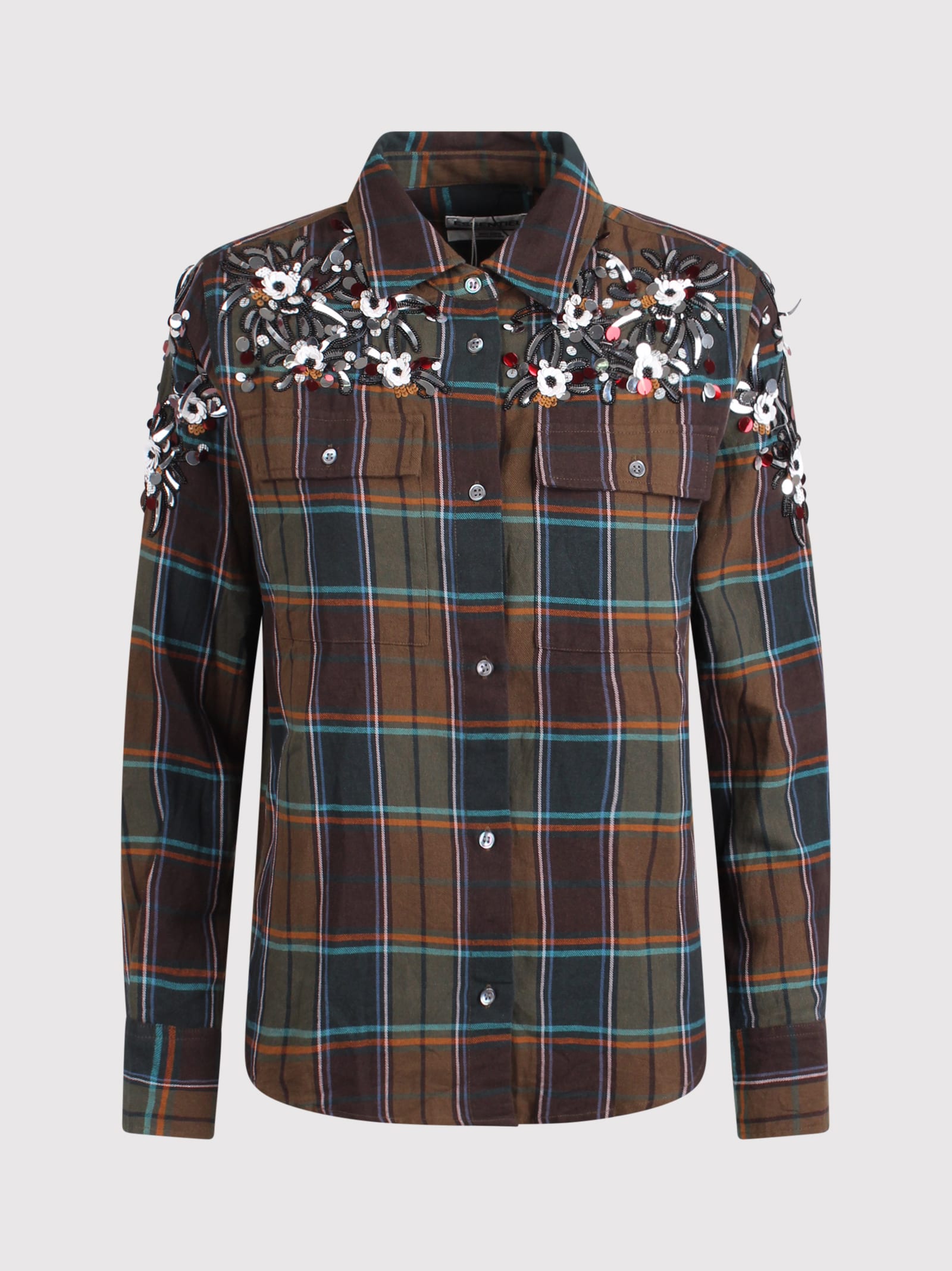 Khaki Cotton Checked Shirt With Embroidery