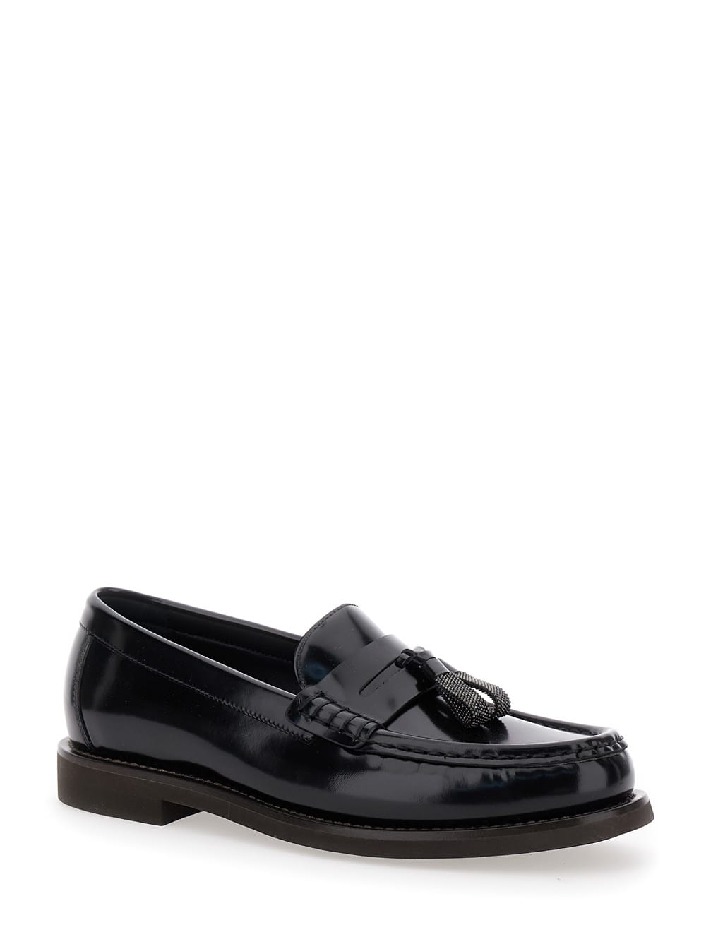 Shop Brunello Cucinelli Black Loafers With Monile Detail In Patent Leather Woman