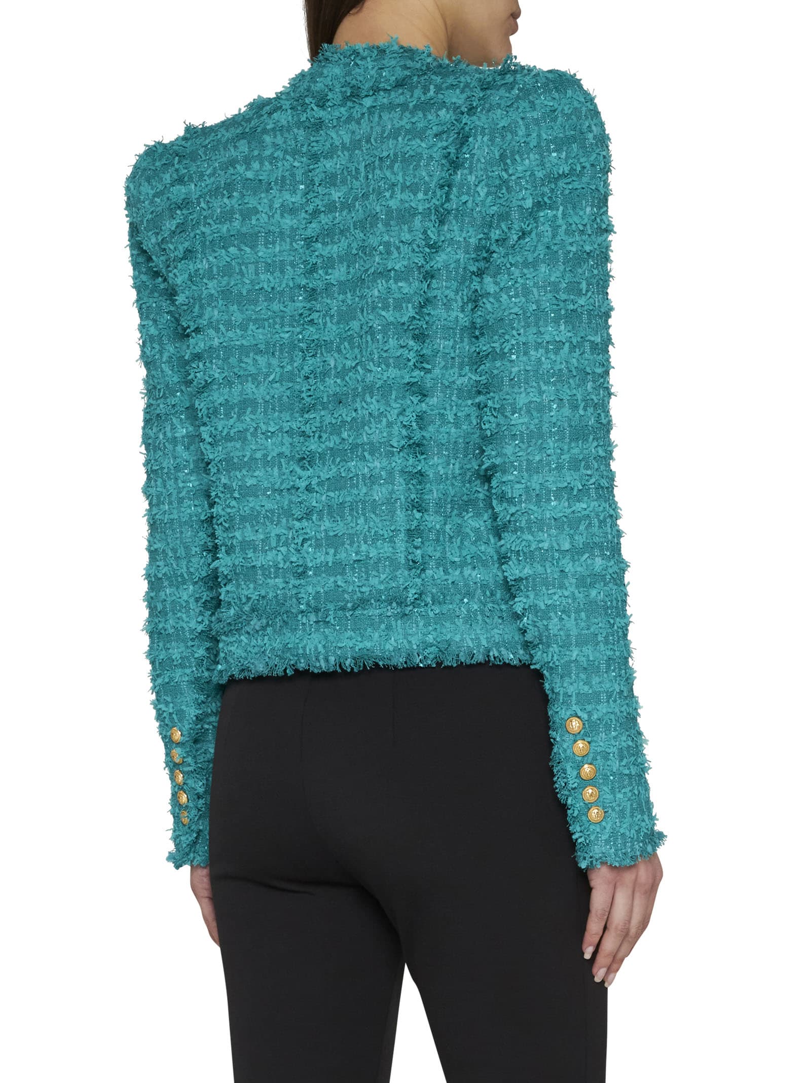 Balmain Fringed Cotton-blend Tweed Jacket In Green