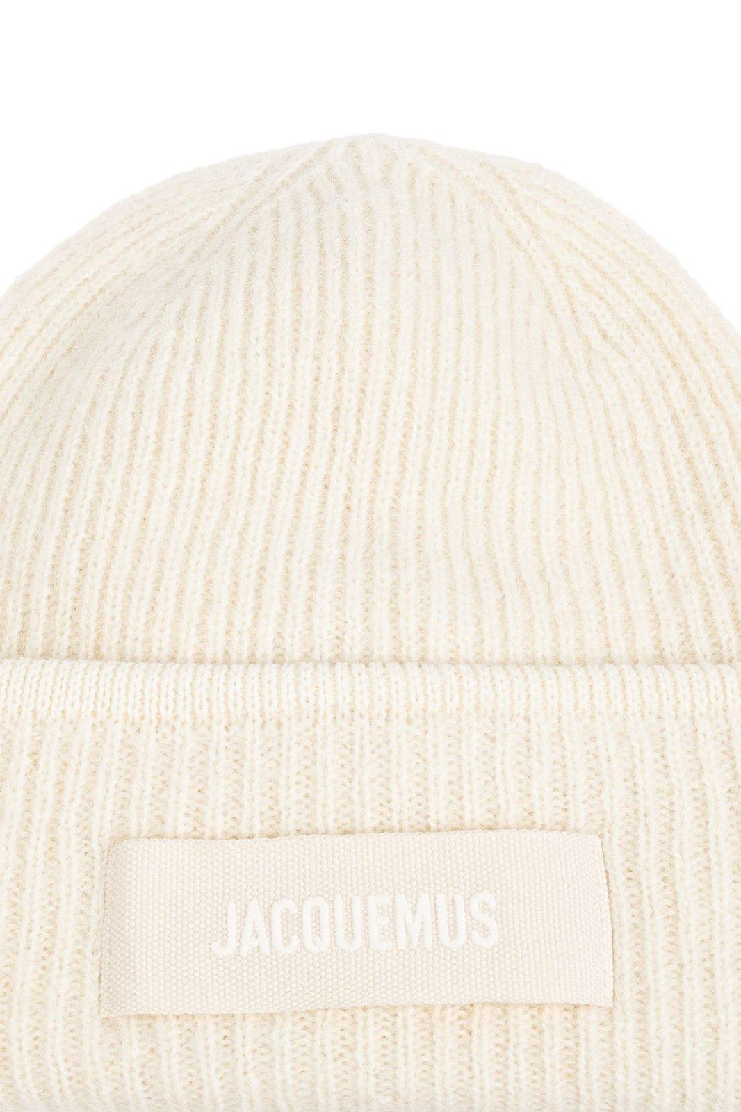 Shop Jacquemus Logo Patch Ribbed Beanie In Ivory