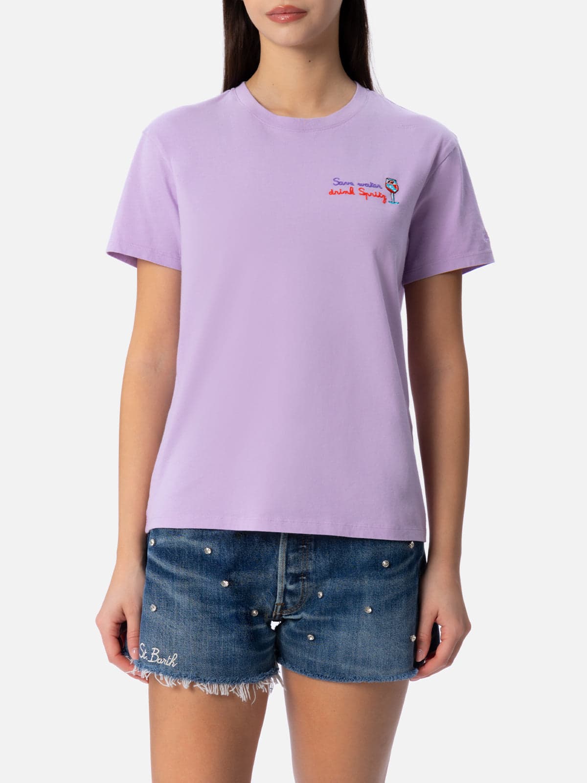 Mc2 Saint Barth Woman Cotton Jersey Crewneck T-shirt Emilie With Save Water Drink Spritz Embroidery In Pink