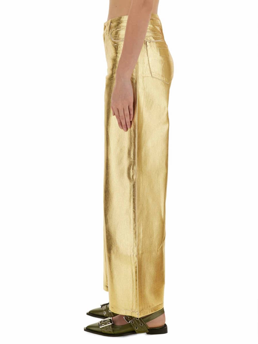 Ganni Gold Five Pockets Wide Jeans In Laminated Fabric Woman In Gold
