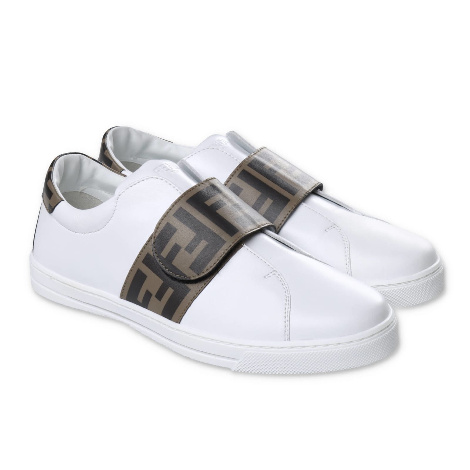 Fendi Kids'  Sneakers Bianche In Pelle Con Dettaglio Zucca Print Bambino In Bianco