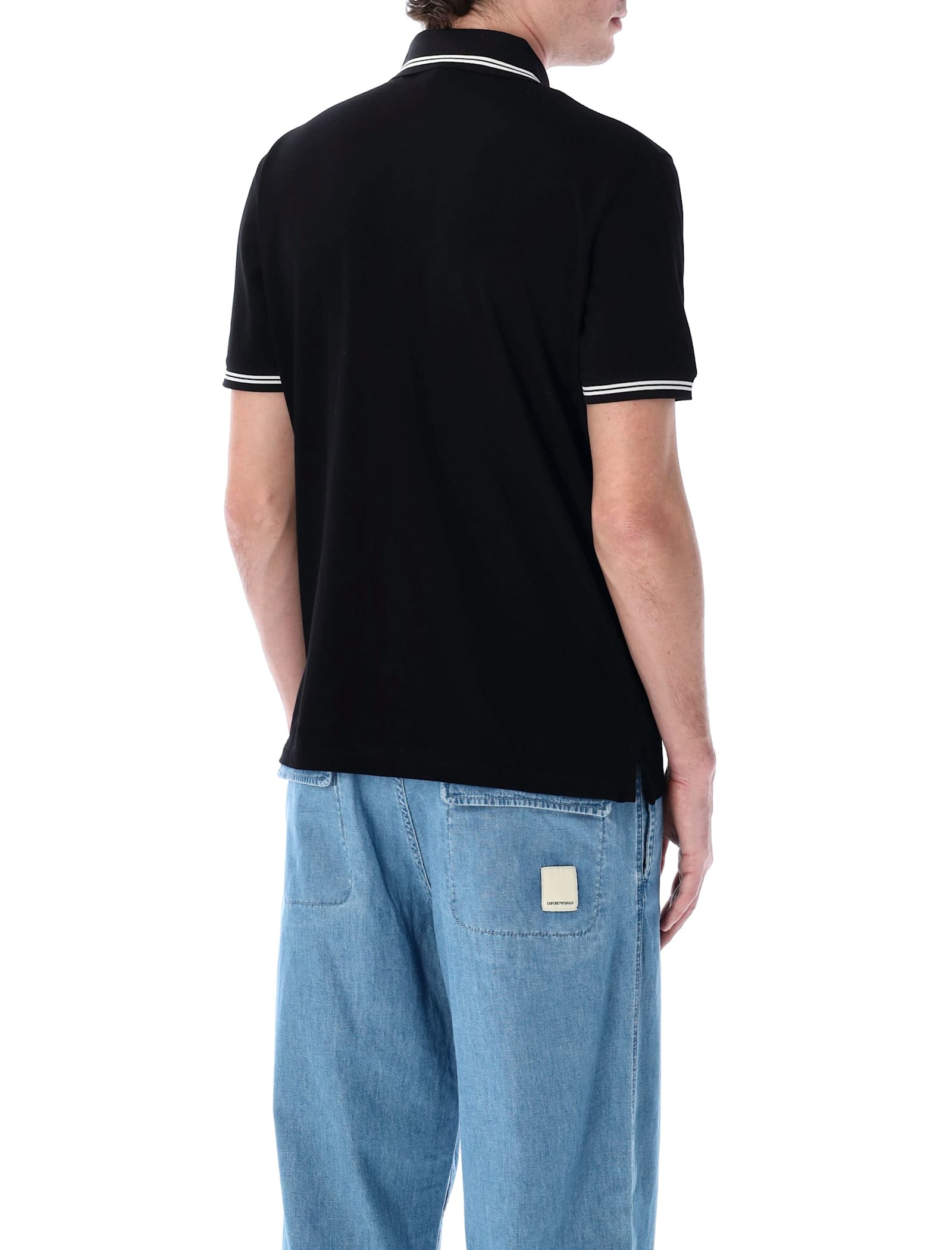 Emporio Armani Eagle Embroidery Piquet Polo Shirt In Black