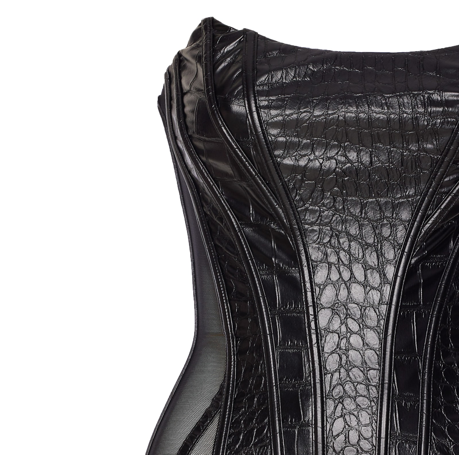 Elisabetta Franchi Bustier Top With Crocodile Texture And Sheer Panels In Black