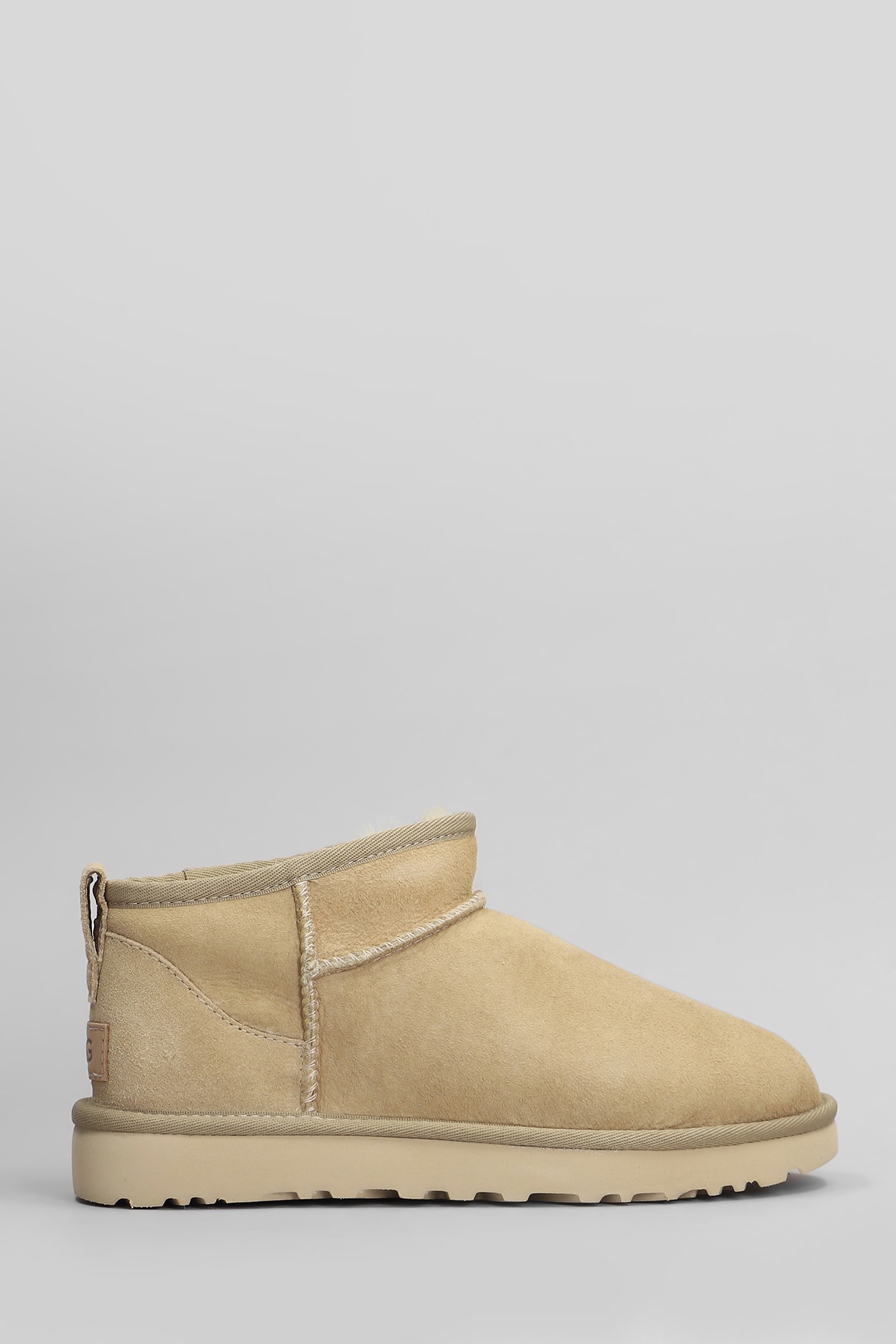 UGG CLASSIC ULTRA MINI LOW HEELS ANKLE BOOTS IN BEIGE SUEDE