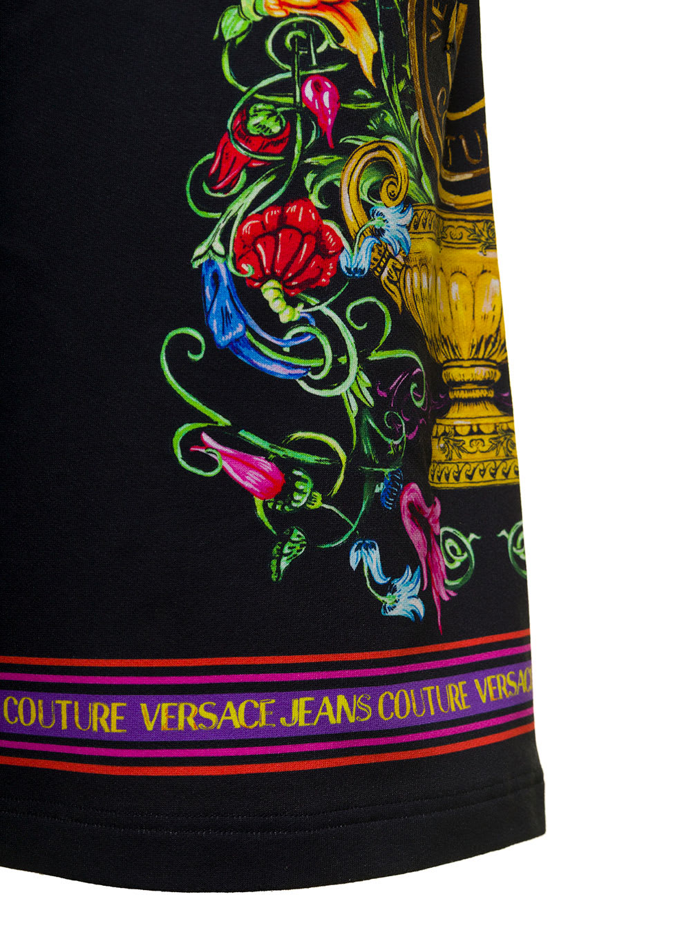 Shop Versace Jeans Couture Black Shorts With Floreal And Logo Lettering Print In Cotton Man In Multicolor