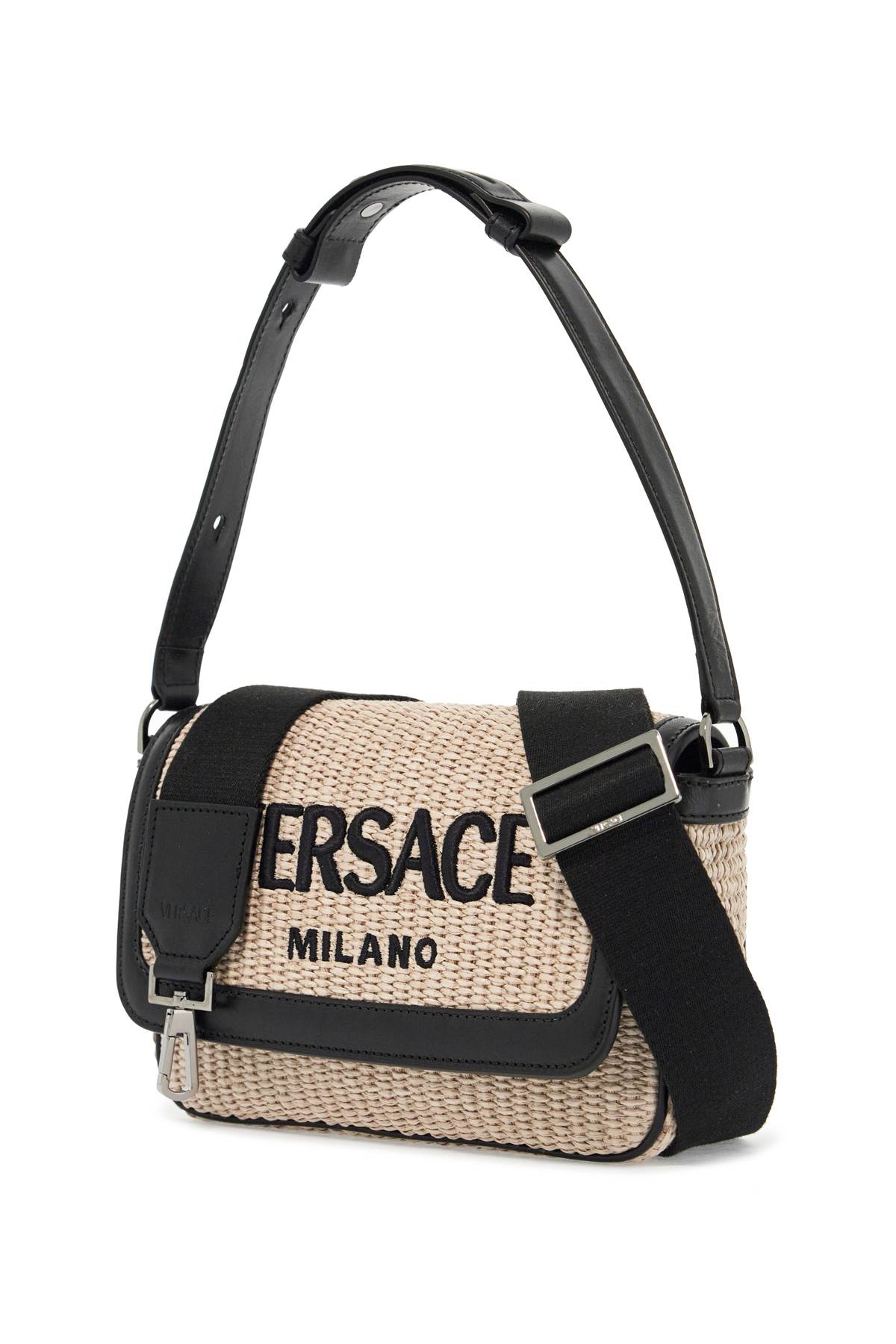 Shop Versace Milano Raffia Bag In Natural+black-ruthenium (black)