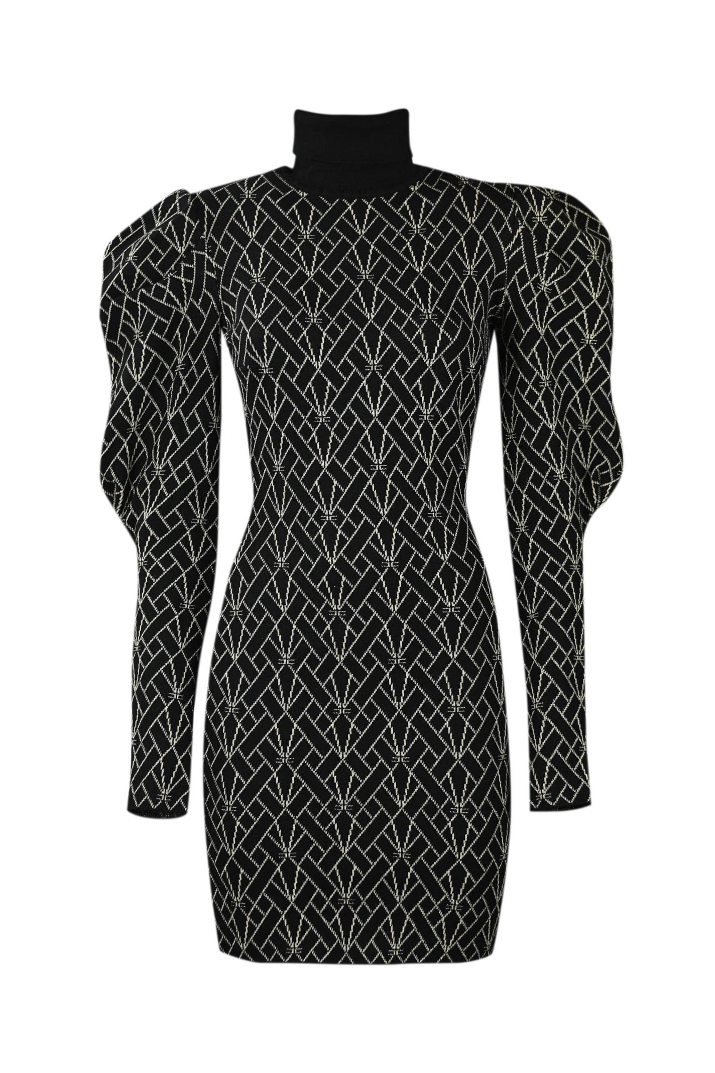 Elisabetta Franchi Jacquard Logo-motif High Neck Minidress In Nero/oro