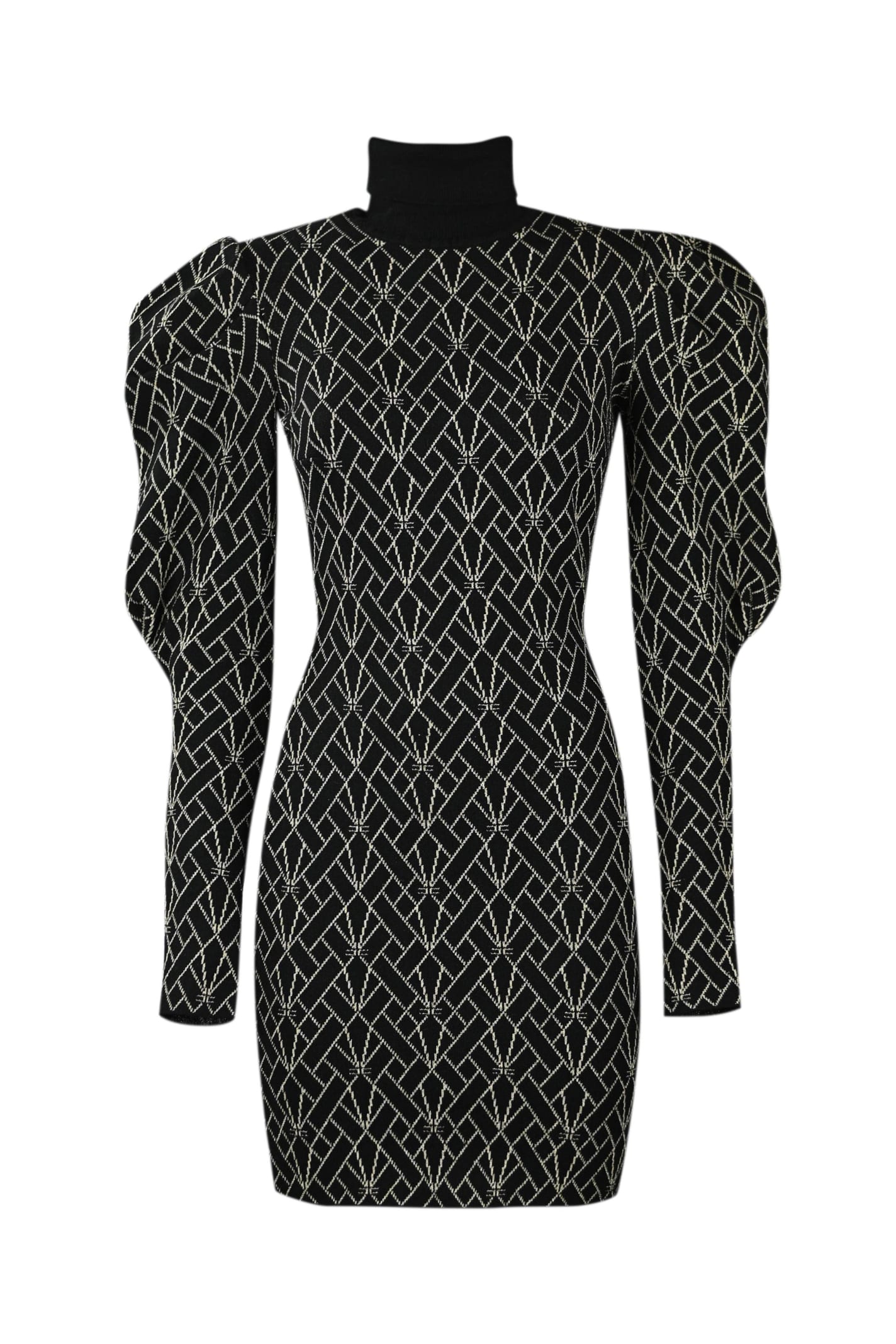 Shop Elisabetta Franchi Dress In Viscose And Lurex With Logo In Nero/oro