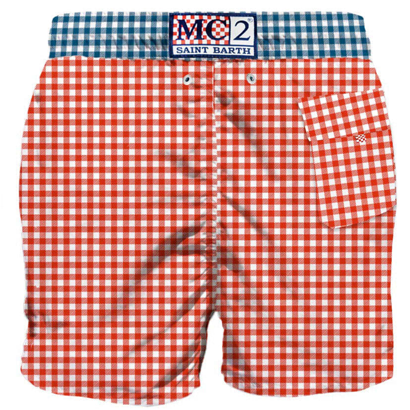 Shop Mc2 Saint Barth Man Swim Shorts Gingham Print And Pocket In Red