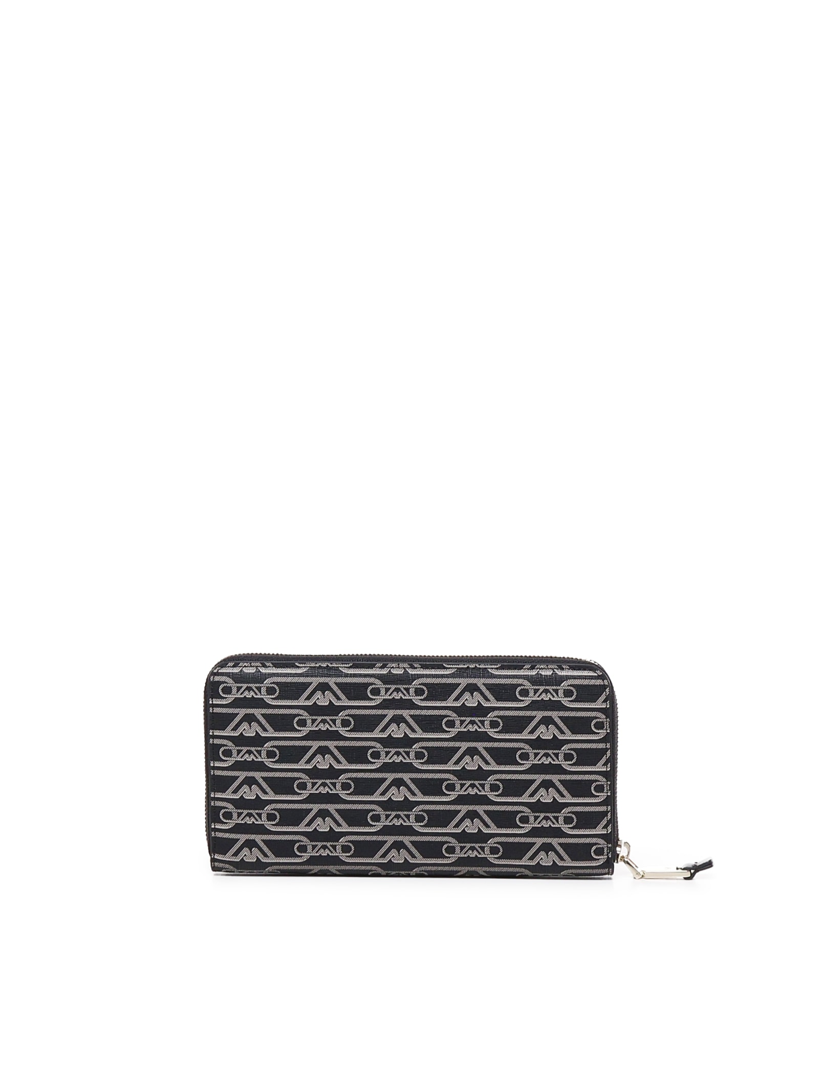 Emporio Armani Zip Around Eagle All Over Wallet In Nero-ecru