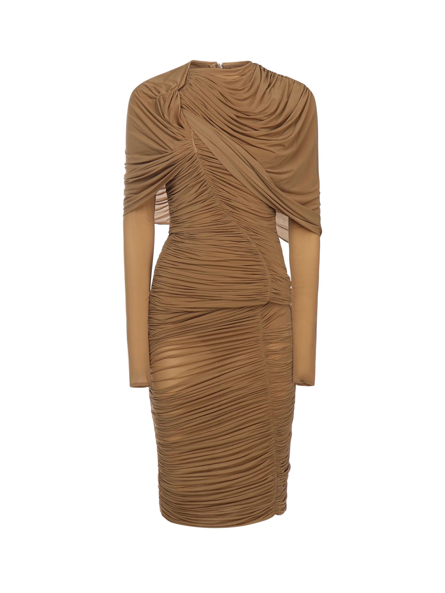 Magda Butrym Draped Beige Dress With High Neck In Brown