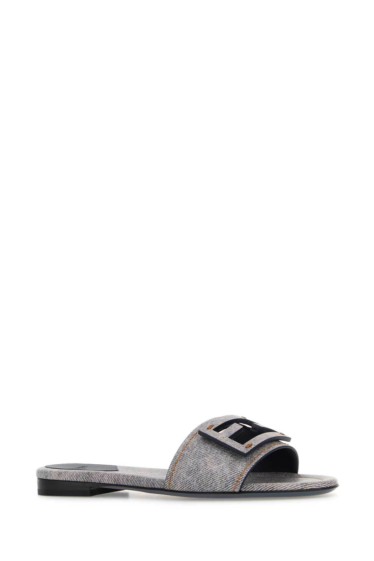 Fendi Women Printed Leather Baguette Slippers In Blue