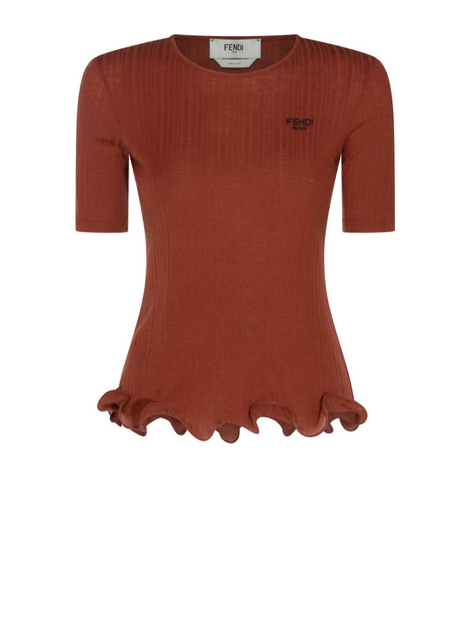Fendi Short-sleeved Wool Sweater With Logo In Brown