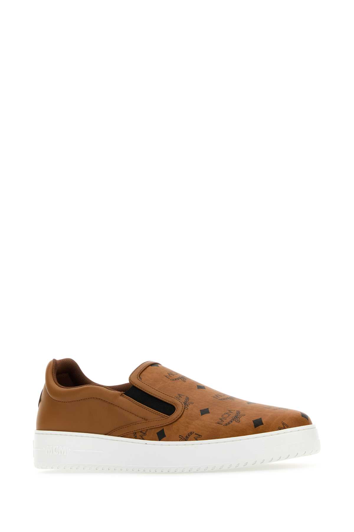 Shop Mcm Caramel Canvas And Leather Terrain Slip Ons In Cognac