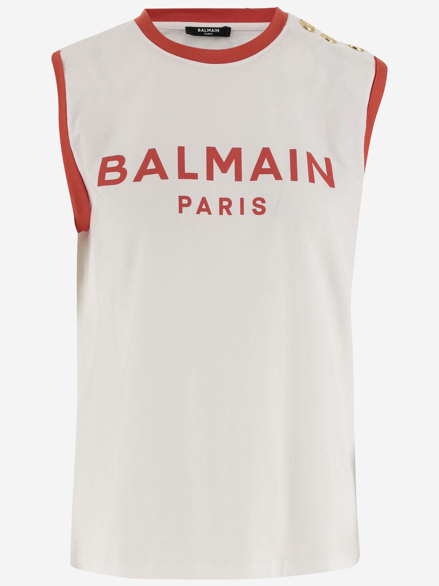 Shop Balmain Cotton Tank Top With Logo In Blanc/rouge