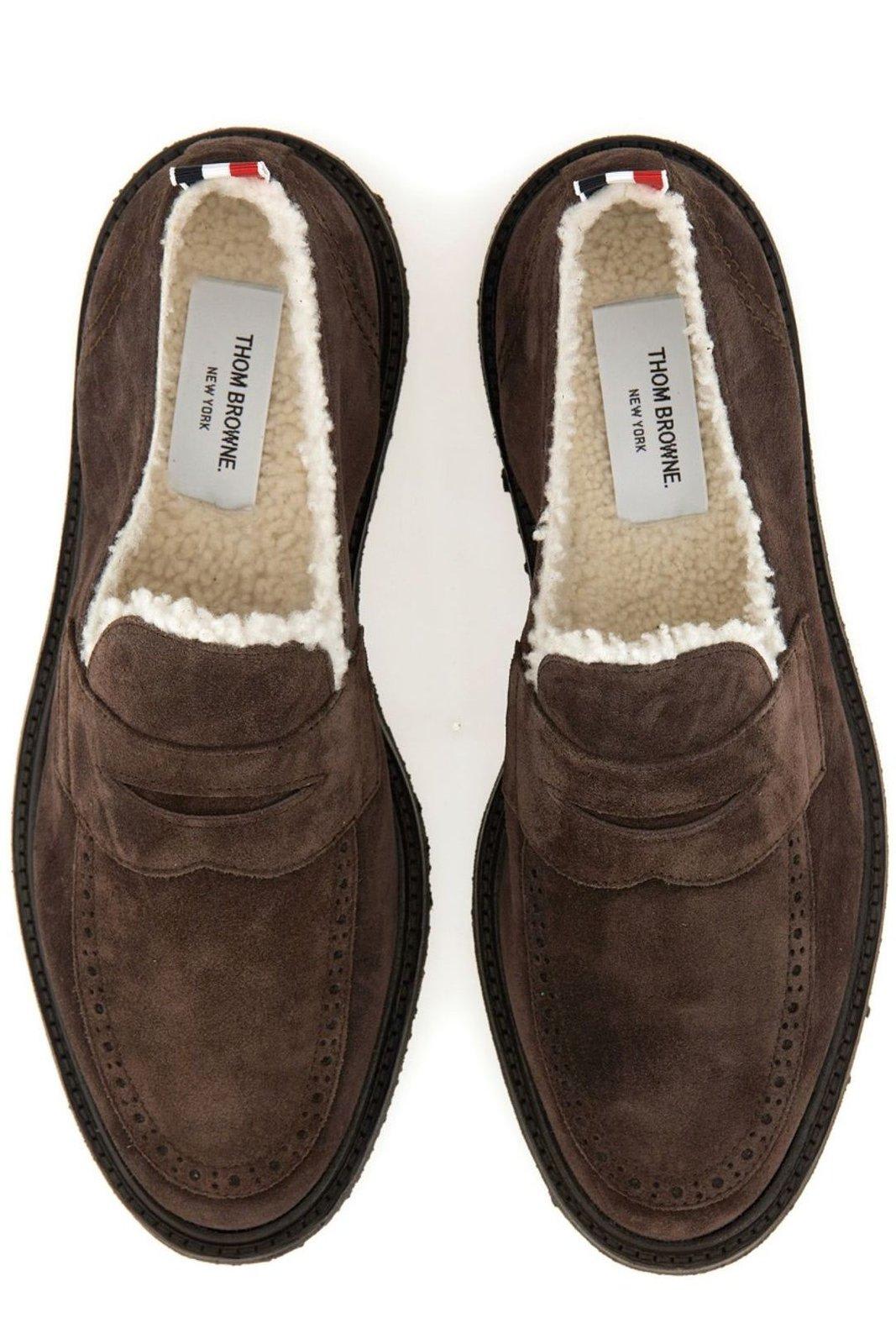 Shop Thom Browne Shearling-lining Penny Loafers In Dark