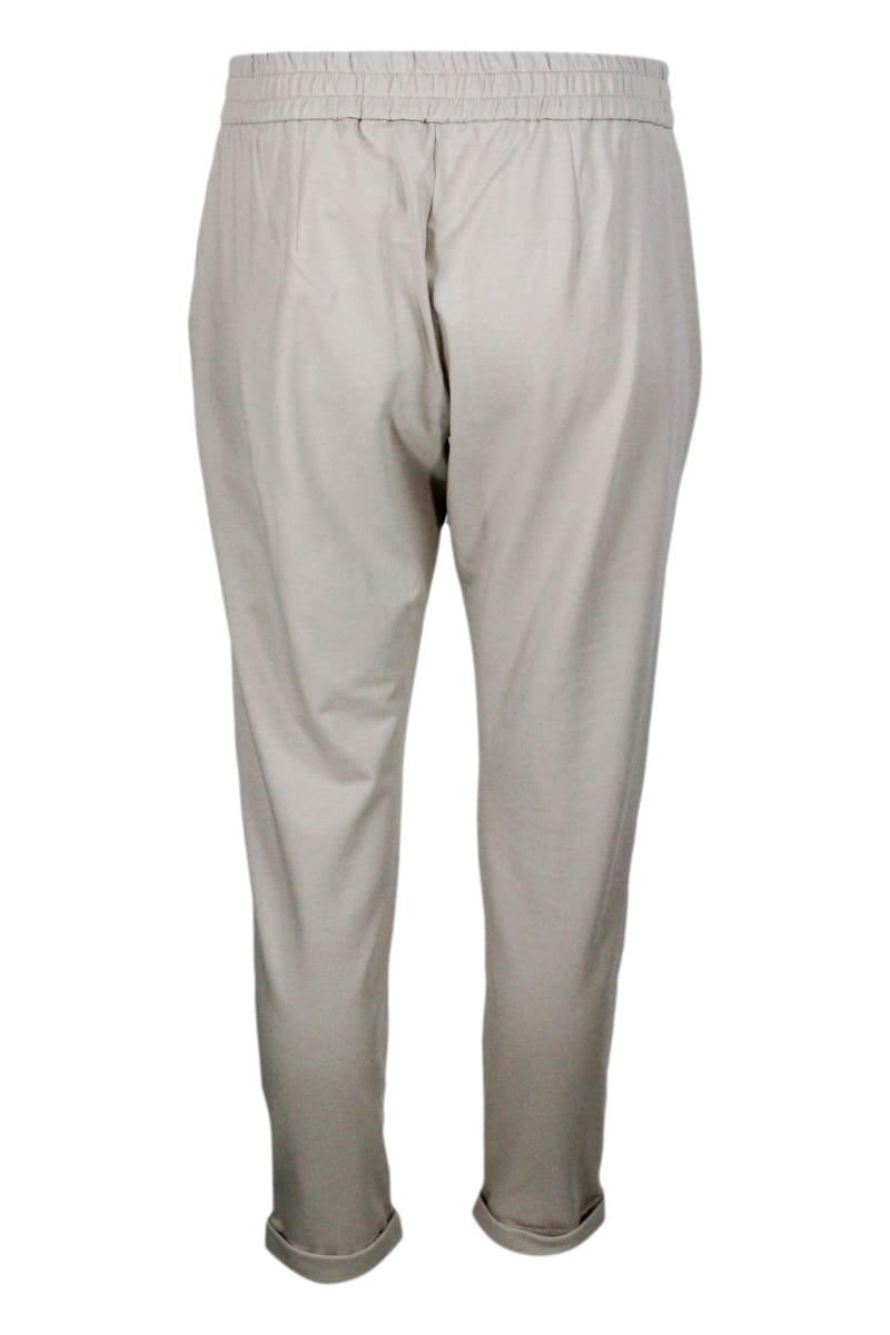 Shop Brunello Cucinelli Jogging Trousers With Drawstring Waist In Stretch Cotton With Welt Pockets Embellished With Jewels In Beige