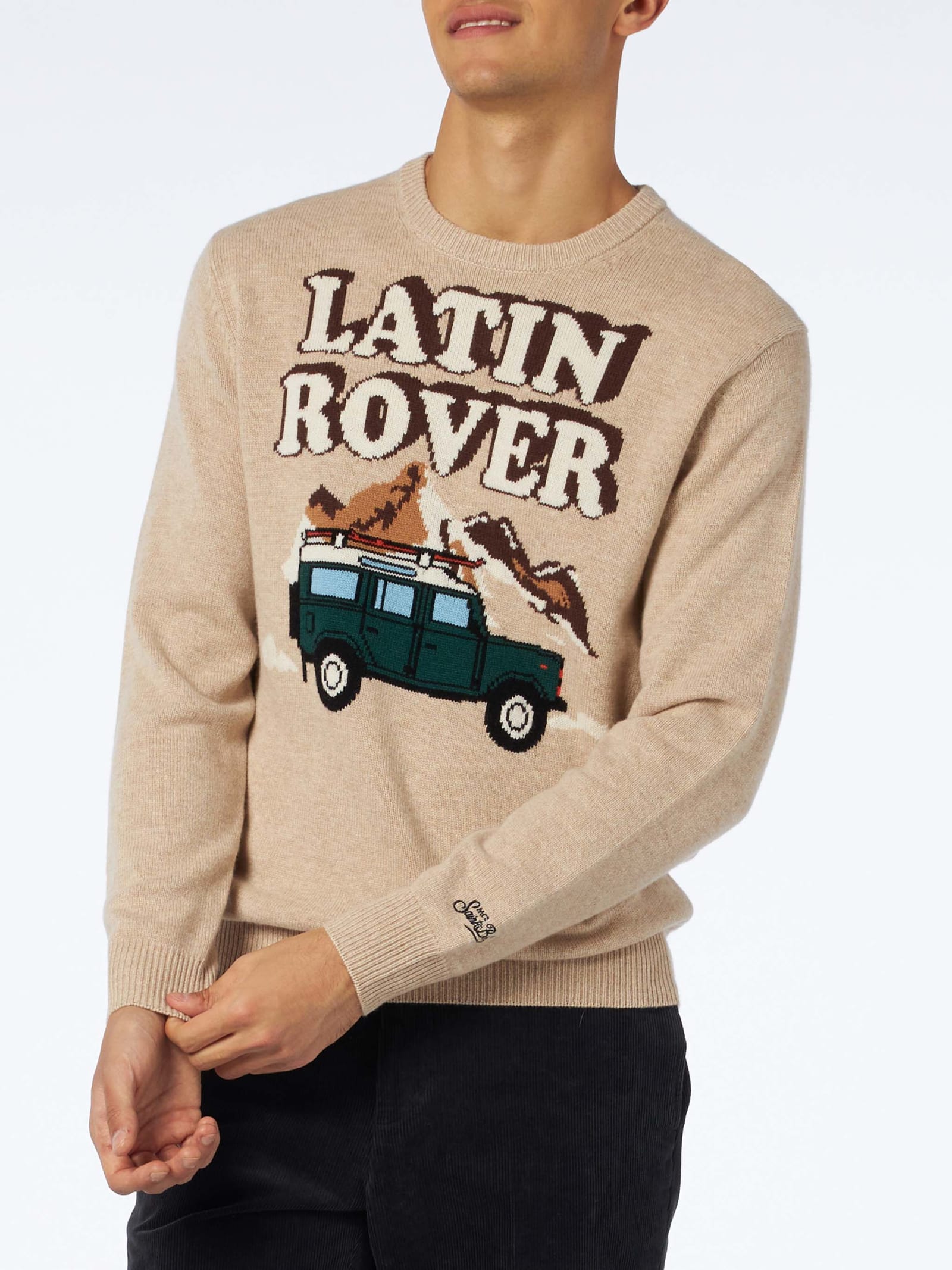 Mc2 Saint Barth Man Crewneck Sweater With Latin Rover Jacquard Print In Brown