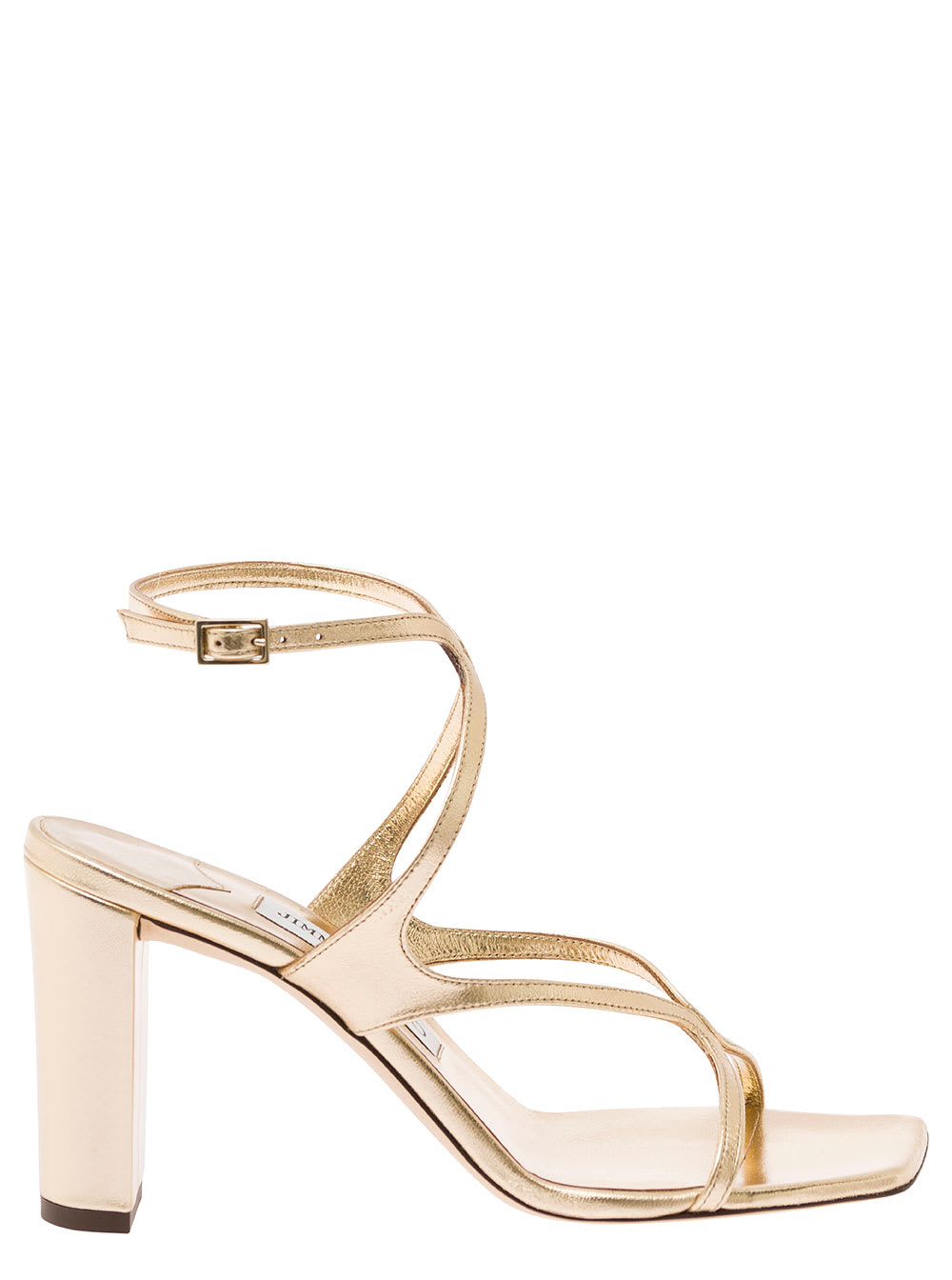 Shop Jimmy Choo Azie Gold-tone Low Top Sandals With Squared Toe In Laminated Leather Woman
