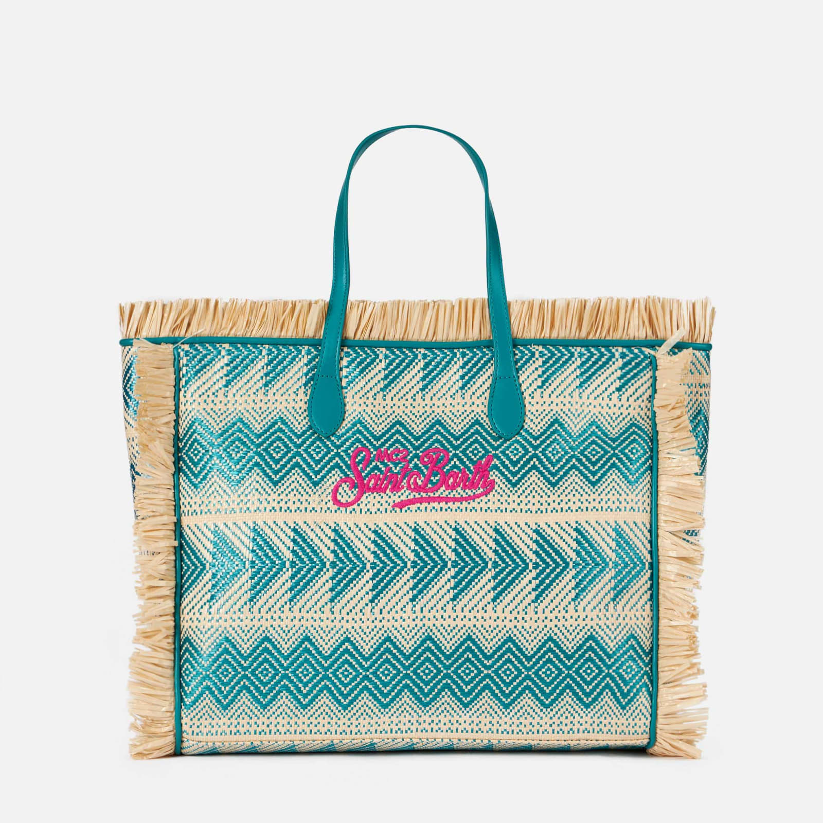 Shop Mc2 Saint Barth Vanity Straw Bag With Embroidery And Geometric Pattern In Sky