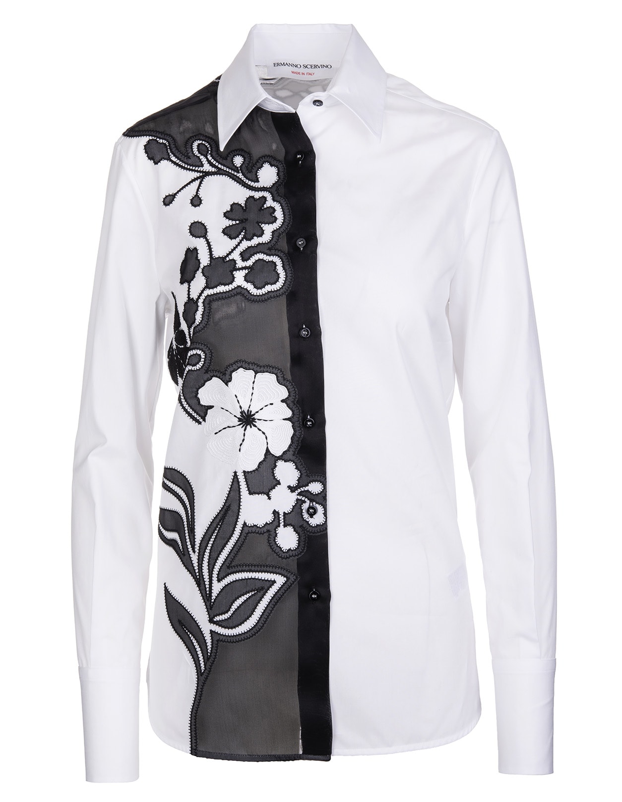Ermanno Scervino White And Black Shirt With Embroidered Floral Inlays