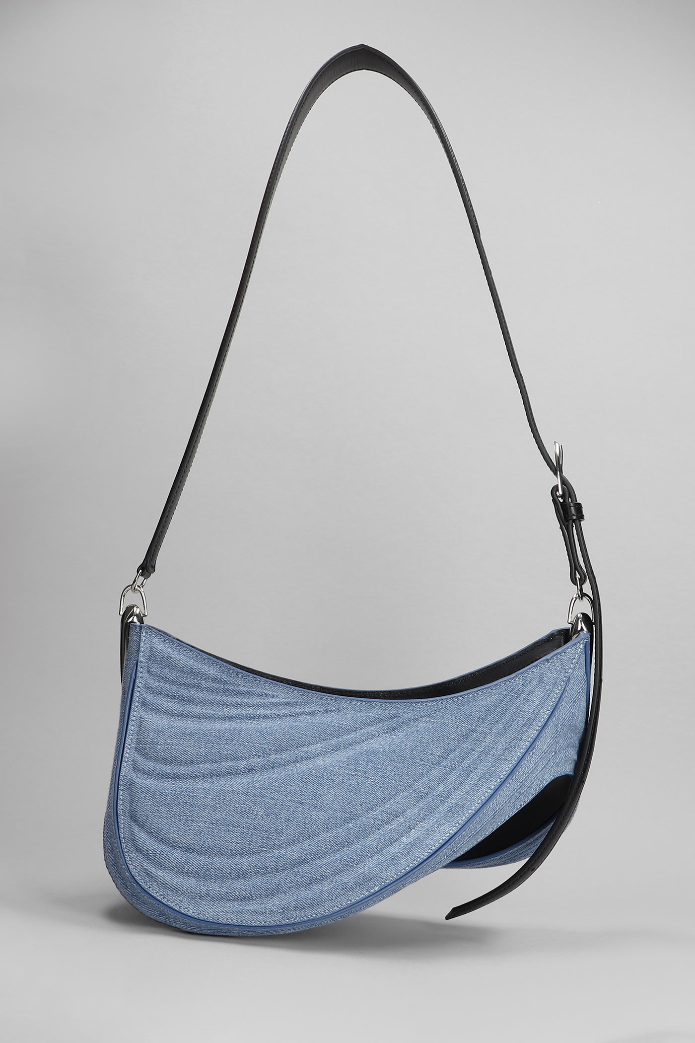 Mugler Medium Denim Spiral Curve 01 Denim Shoulder Bag In Medium Blue / Black