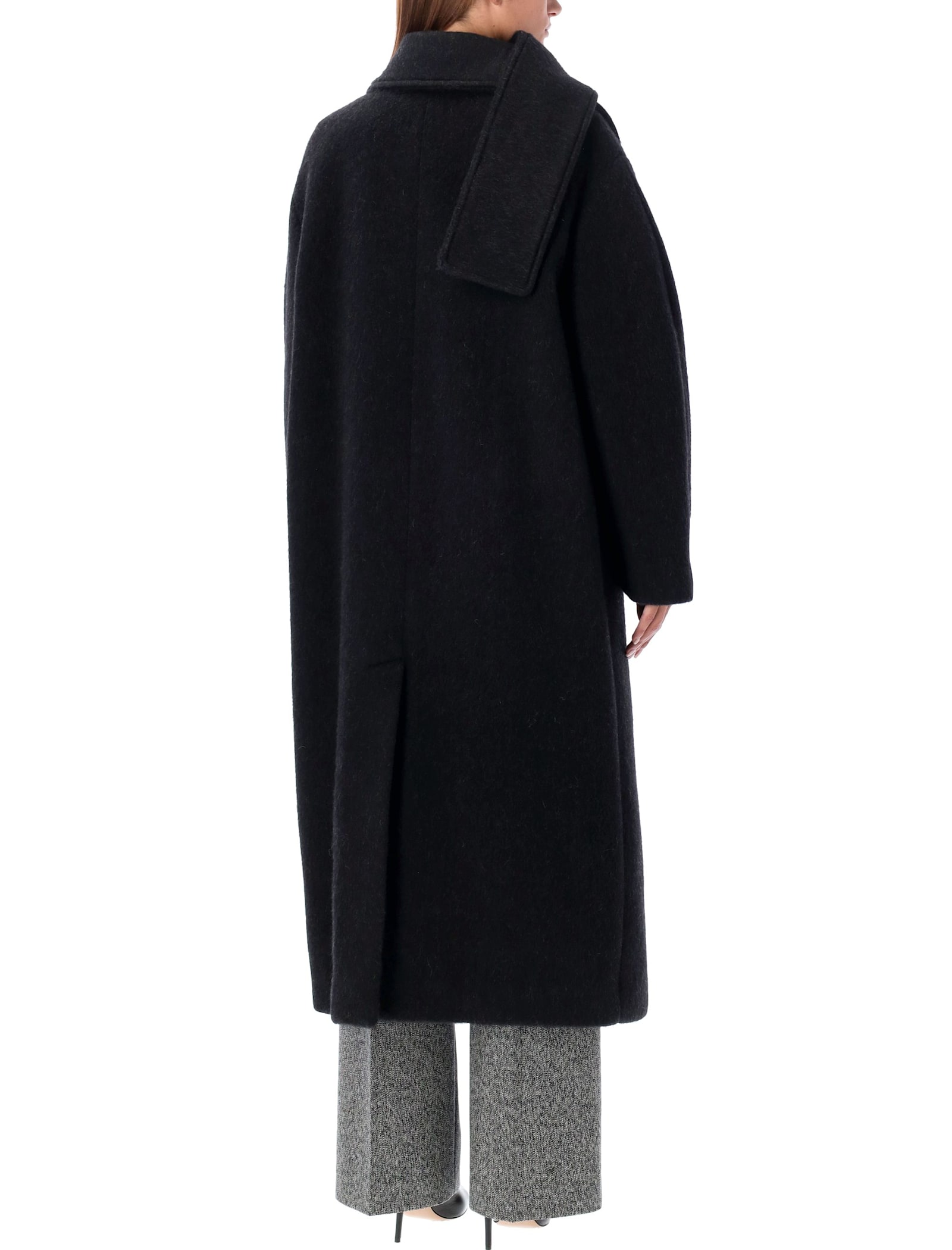 Shop Msgm Scarfed Collar Long Coat In Black