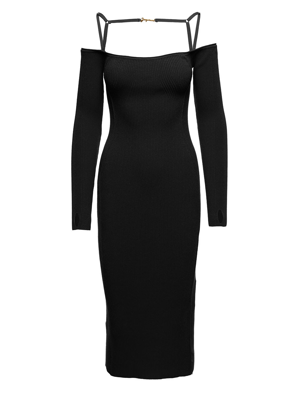 le Robe Sierra Long Black Ribbed Off-the-shoulder Dress In Viscose Blend Woman