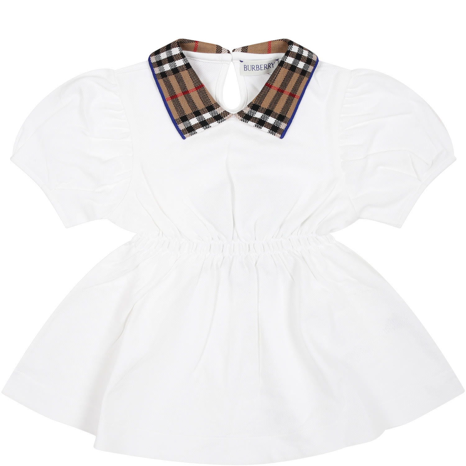 BURBERRY WHITE DRESS FOR BABY GIRL WITH VINTAGE CHECK ON THE COLLAR