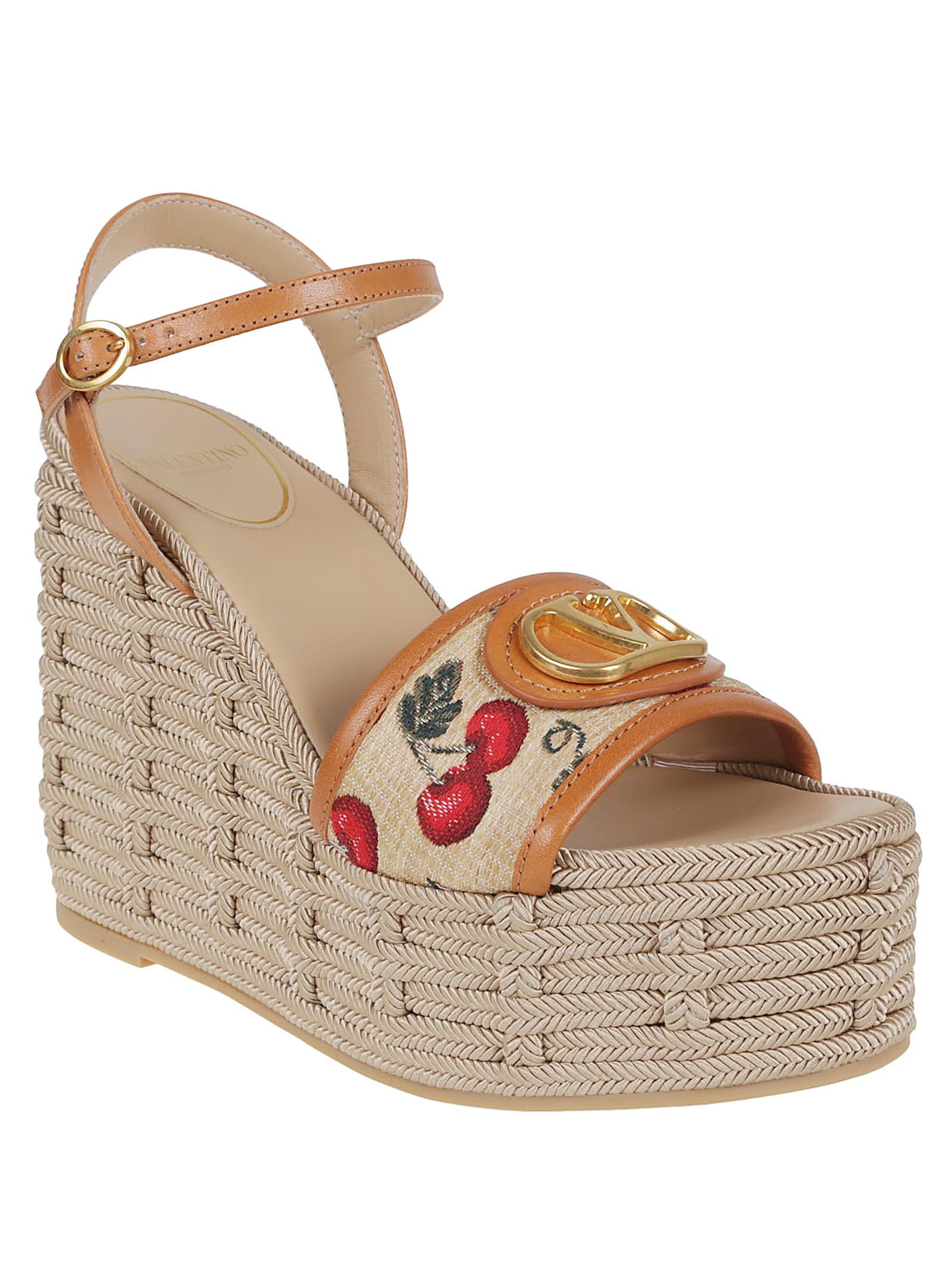Valentino Natural Logo Wedges In H Naturale Rosso