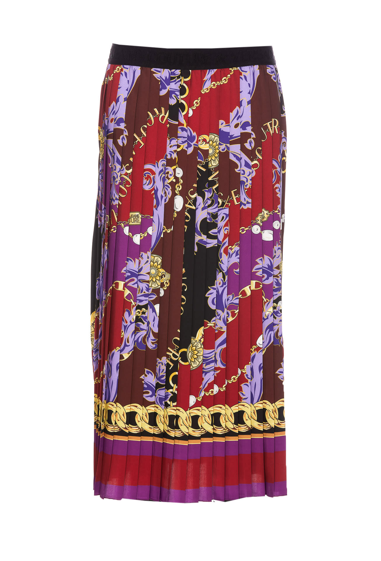 Versace Jeans Couture Pleated Chain-print Pull-on Midi Skirt In Pink & Purple