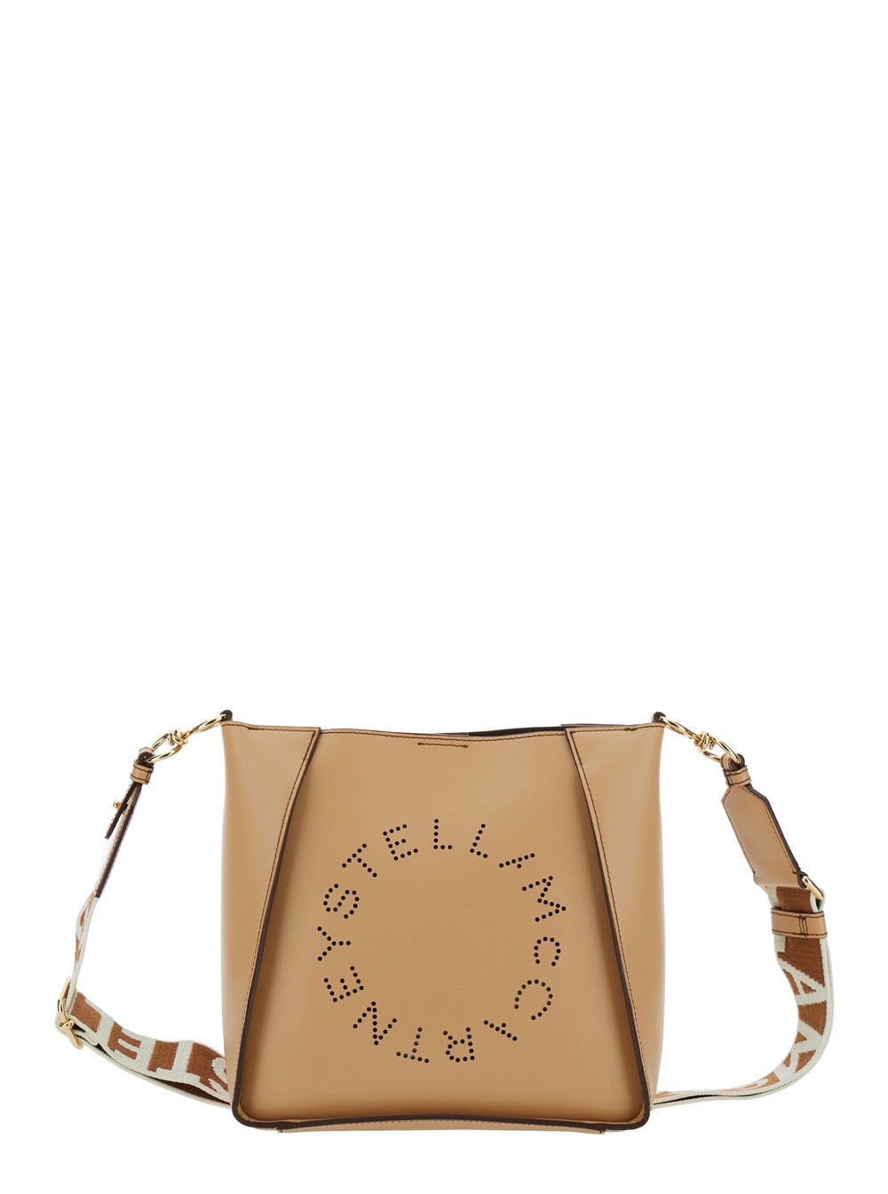 Stella Mccartney Beige Crossbody Bag With Maxi Logo Lettering On The Front And Shoulder Strap With Logo Lettering In In Fawn