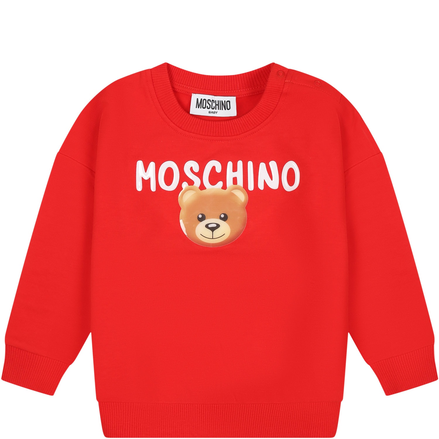 MOSCHINO RED SWEATSHIRT FOR BABY GIRL WITH TEDDY BEAR AND LOGO
