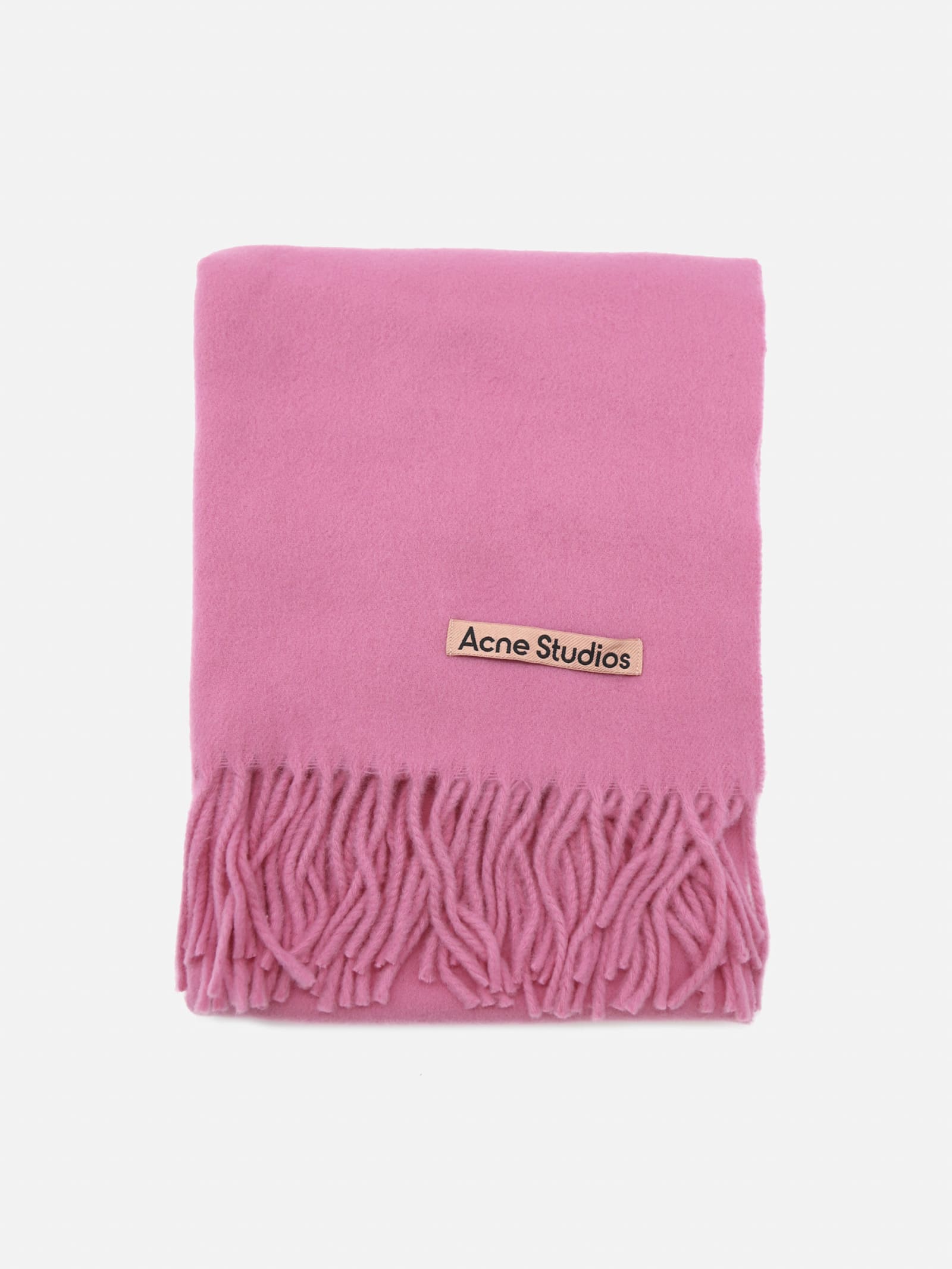 Acne Studios Wool Scarf With Fringed Edges And Contrasting Logo In Pink