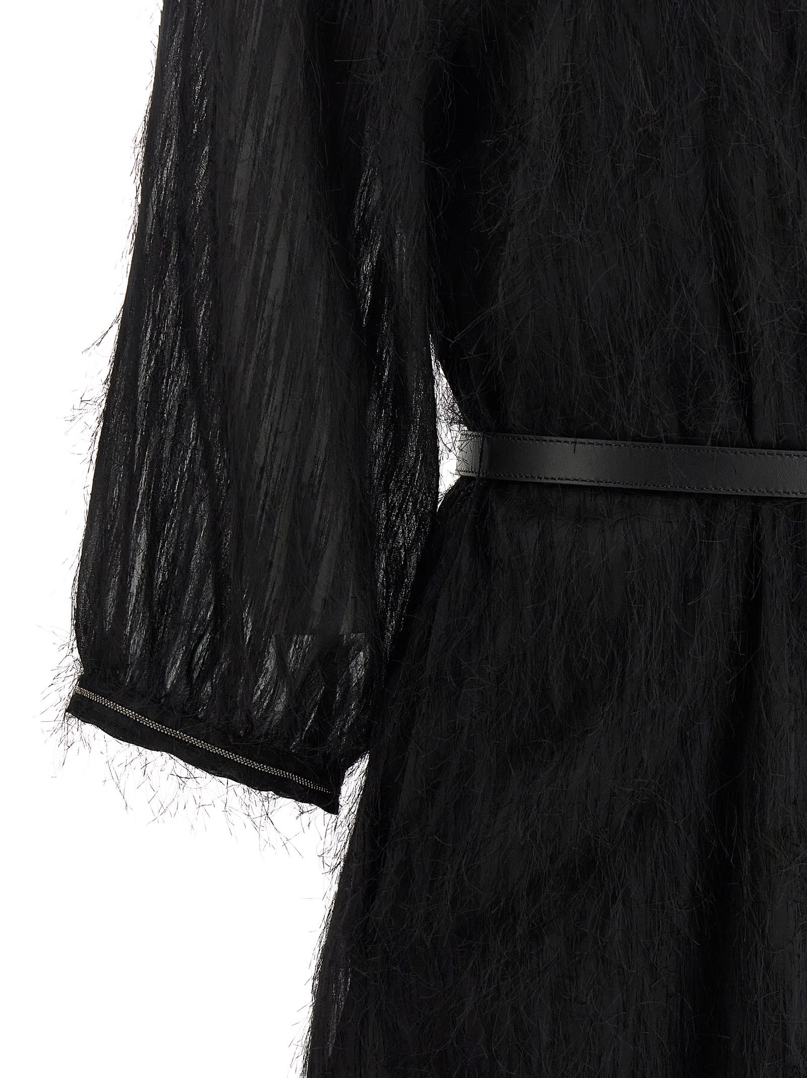Peserico Textured Dress With Belted Waist And Sleeves In Black