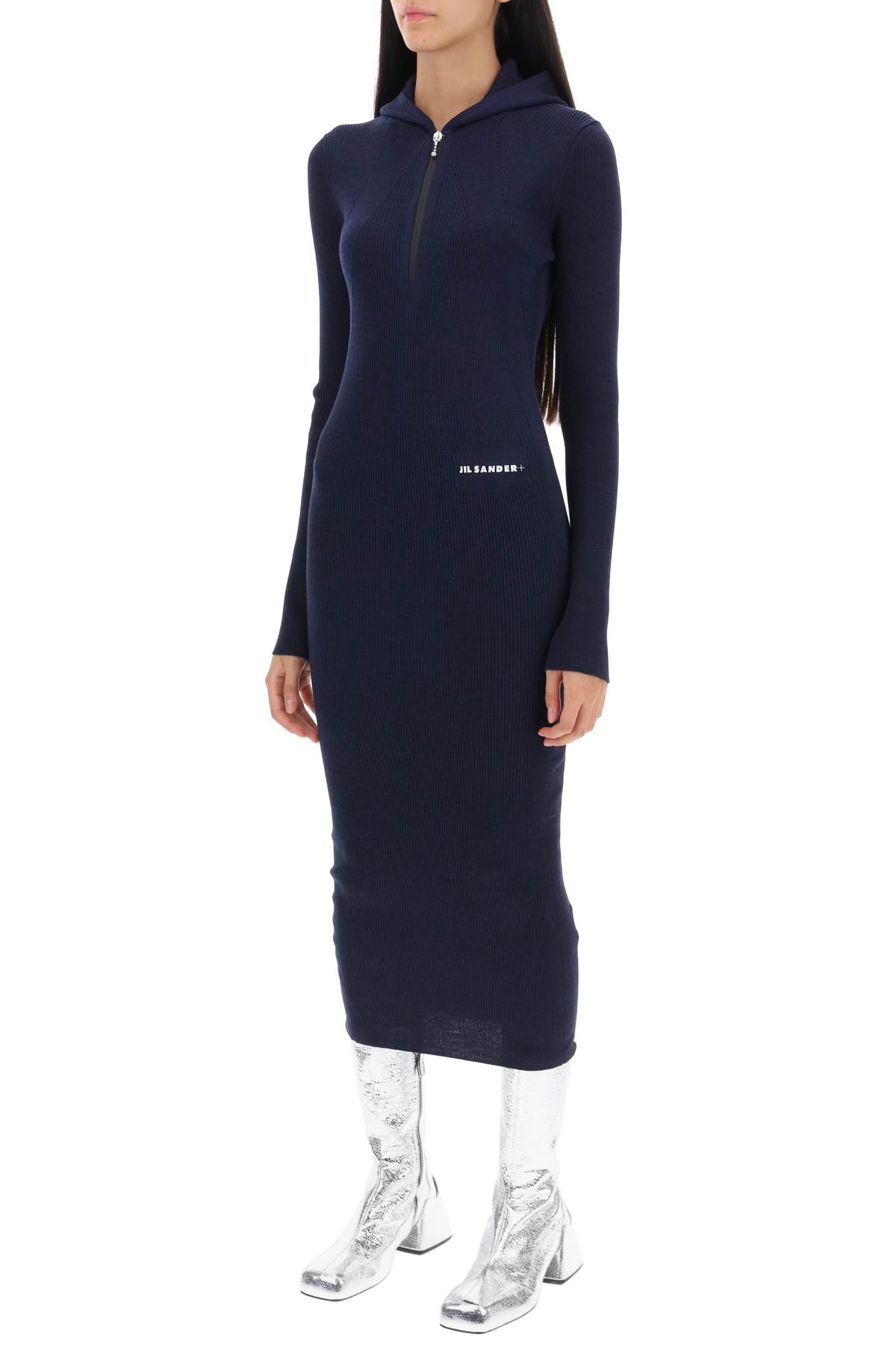 Shop Jil Sander Hooded Midi Knit Dress In Navy (blue)