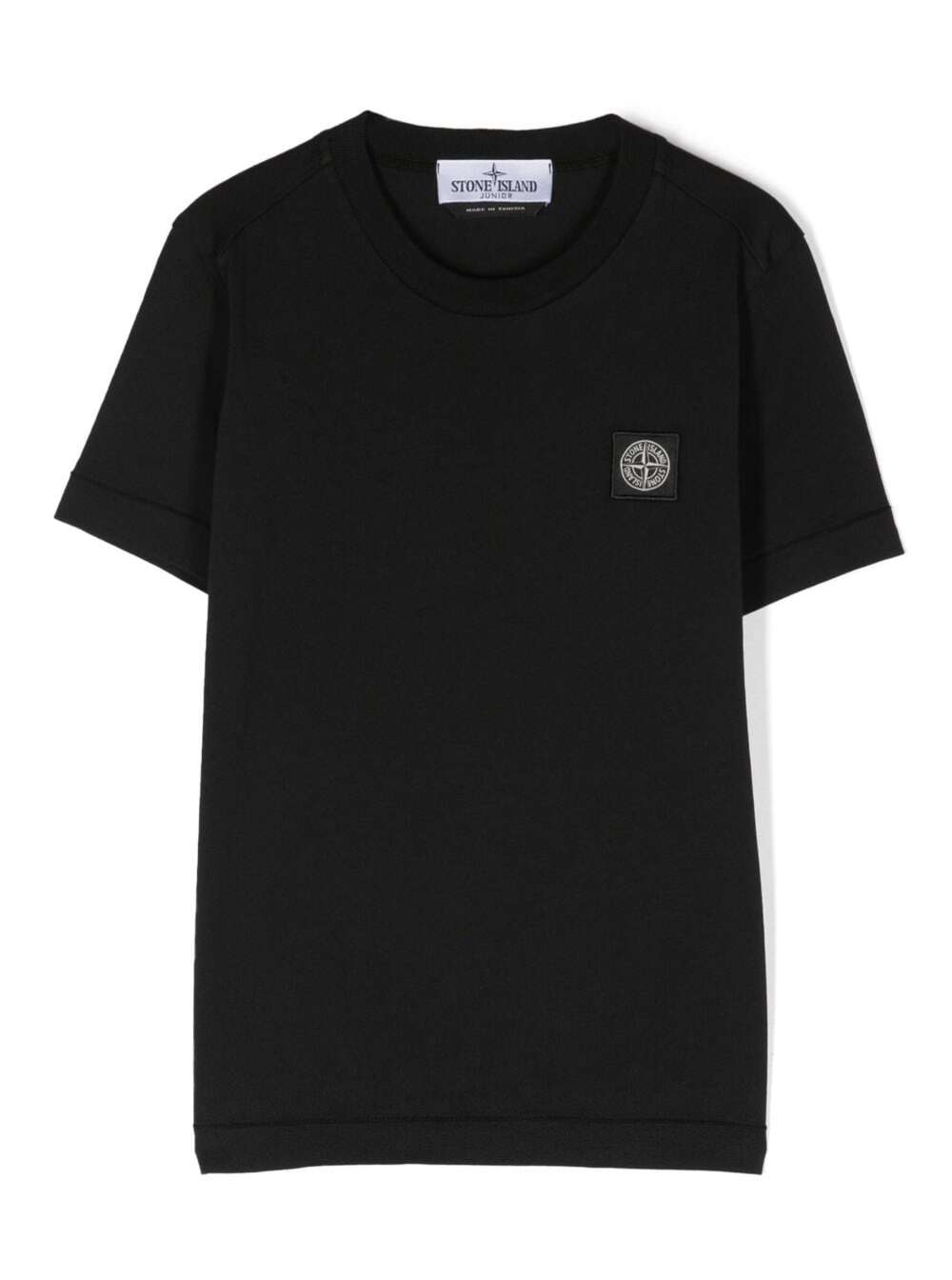Shop Stone Island Junior Black Crewneck Short-sleeved T-shirt And Contrasting Patch Logo In Cotton Boy