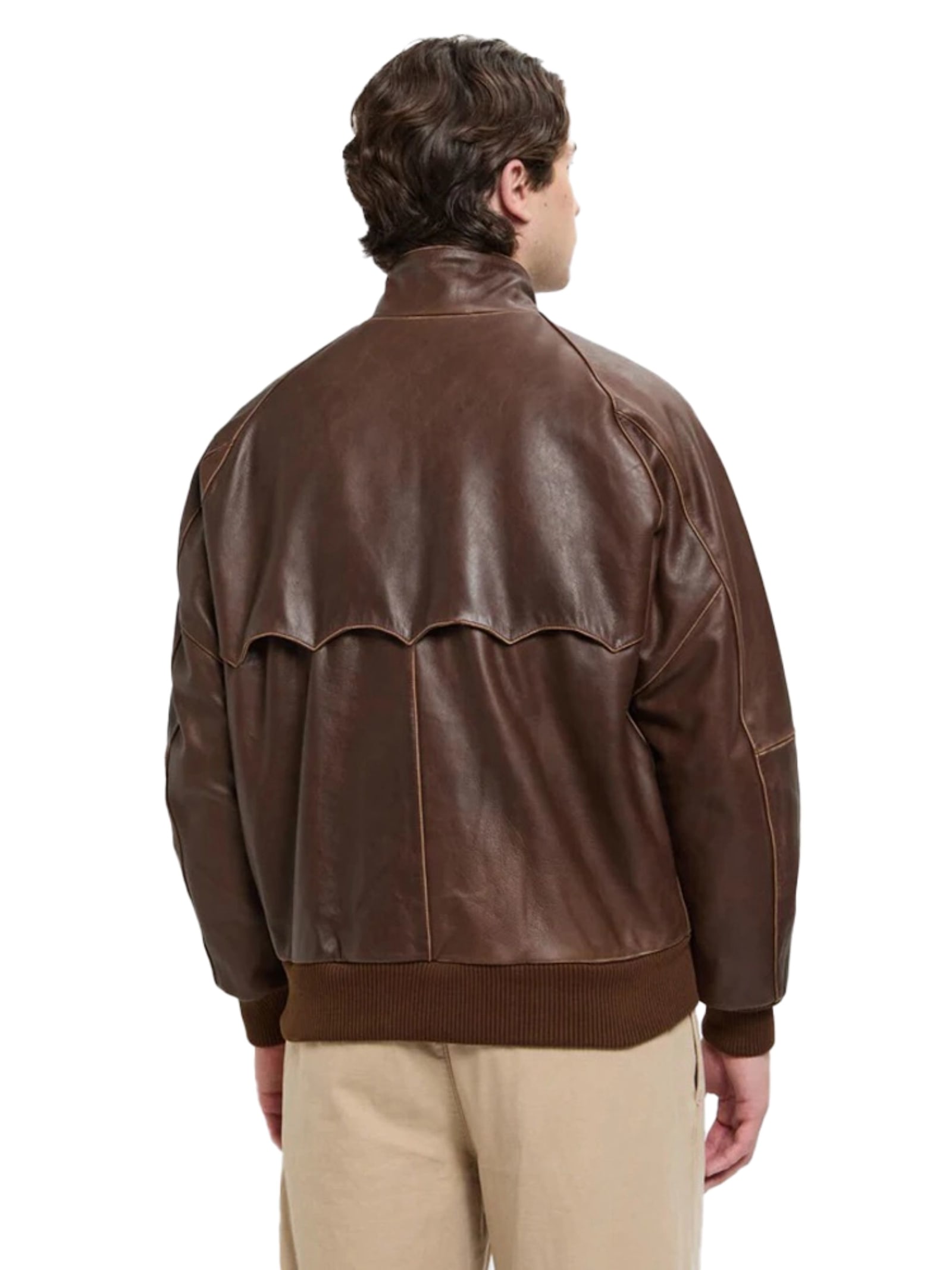 Baracuta Leather Jacket With Ribbed Collar And Pockets In Brown