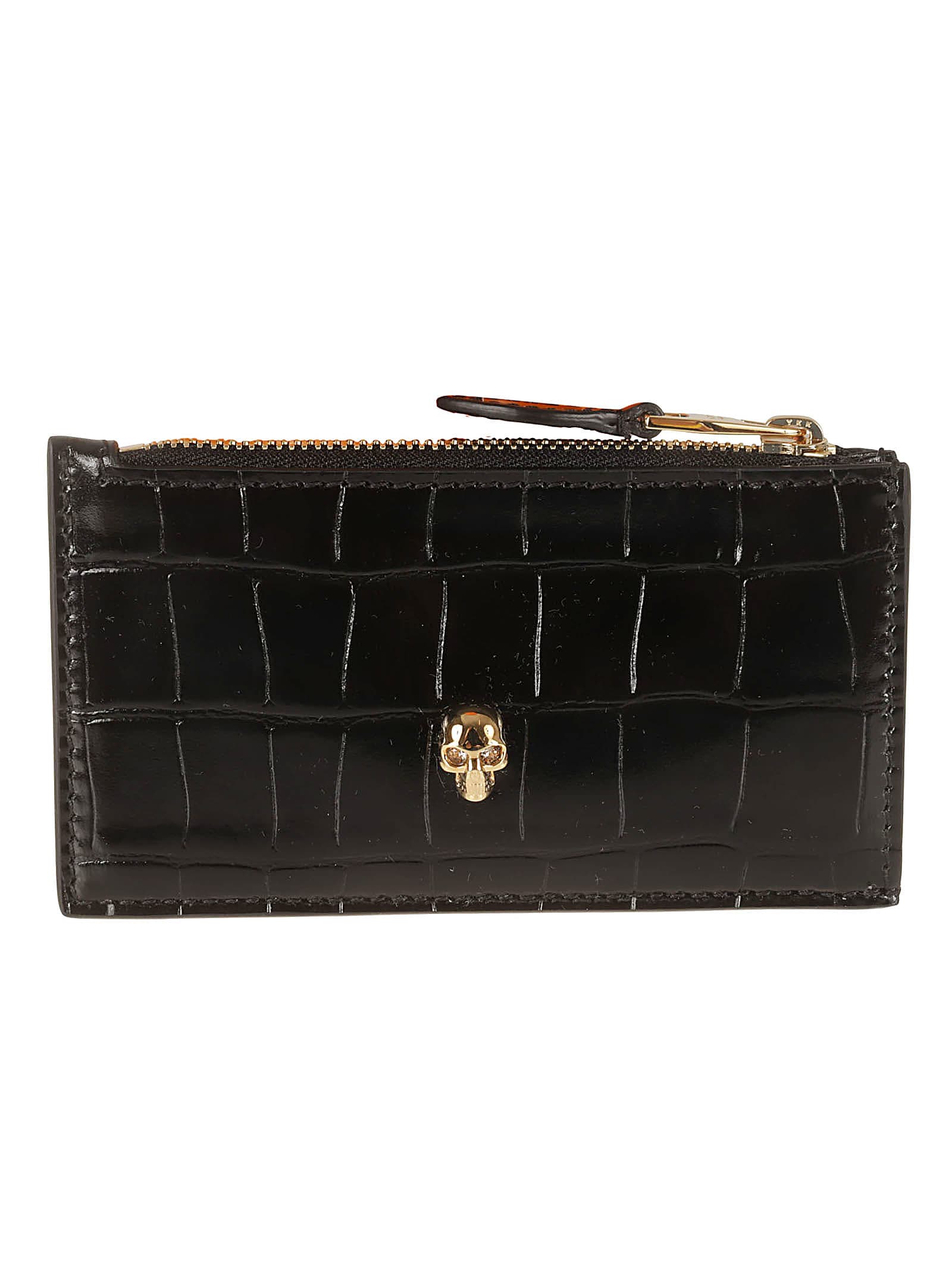 Shop Alexander Mcqueen Croco Embossed Skull Applique Card Holder In Black