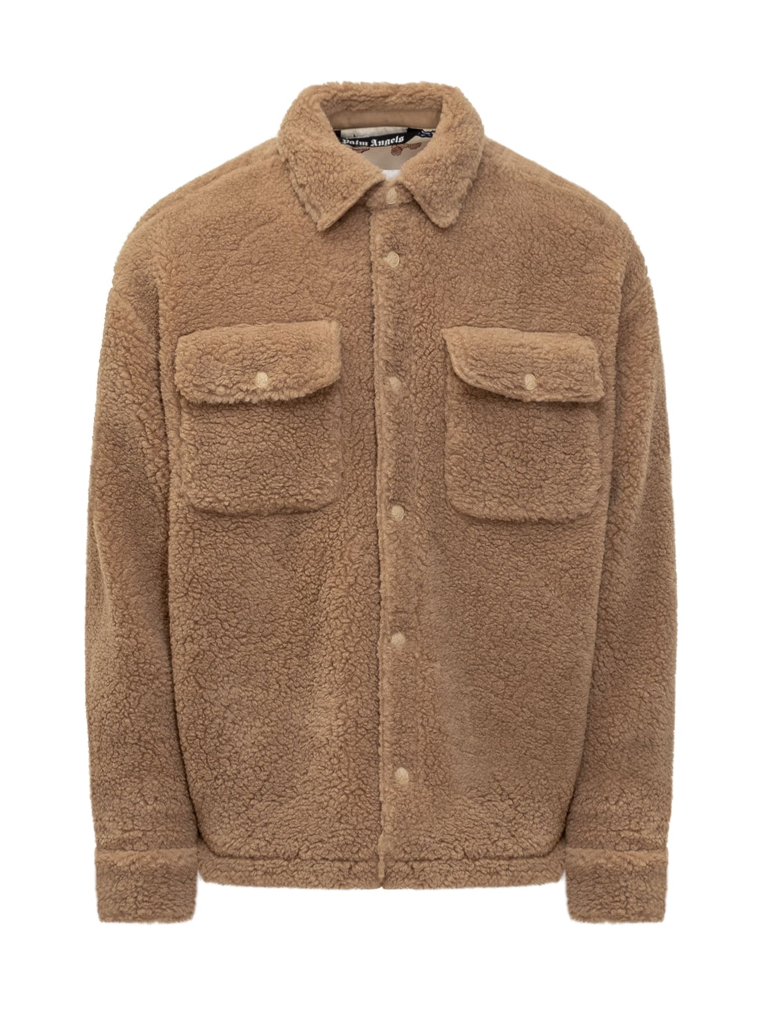 Shop Palm Angels Teddy Effect Jacket With Logo In Camel