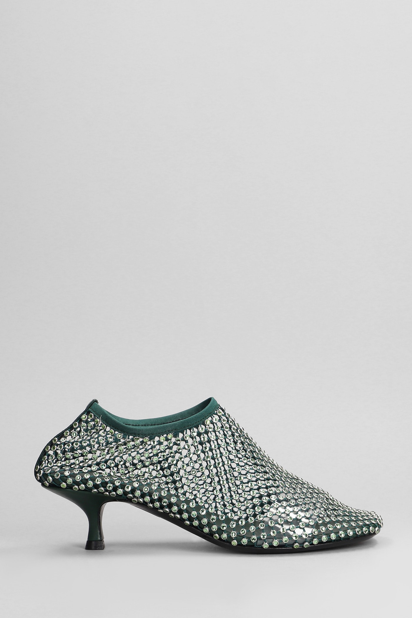 Minette Crystal Low Heels Ankle Boots In Green Nylon