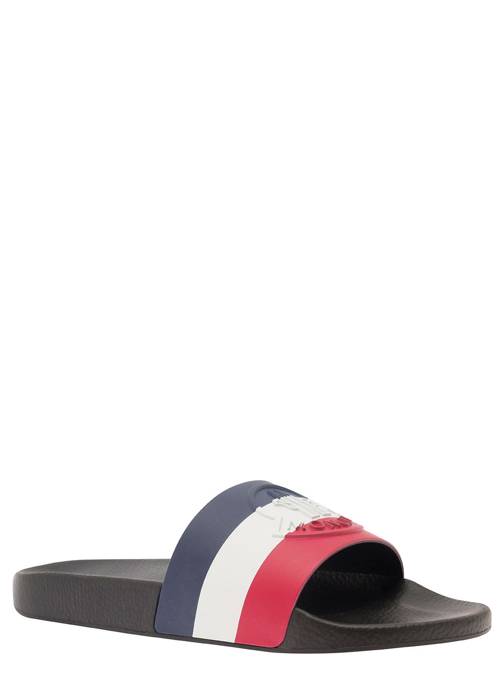 Shop Moncler Basile Blue Slides With Tricolour Toe Strap In Rubber Man In Blu/rosso/bianco