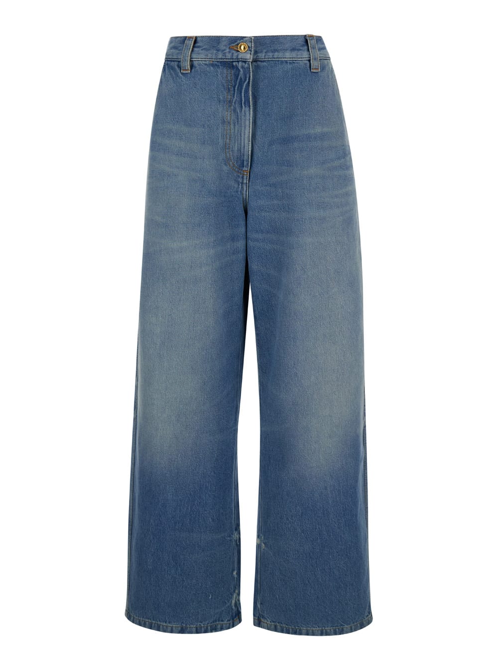 Shop Palm Angels Light Blue High-waisted Wide Jeans With Logo In Denim Woman