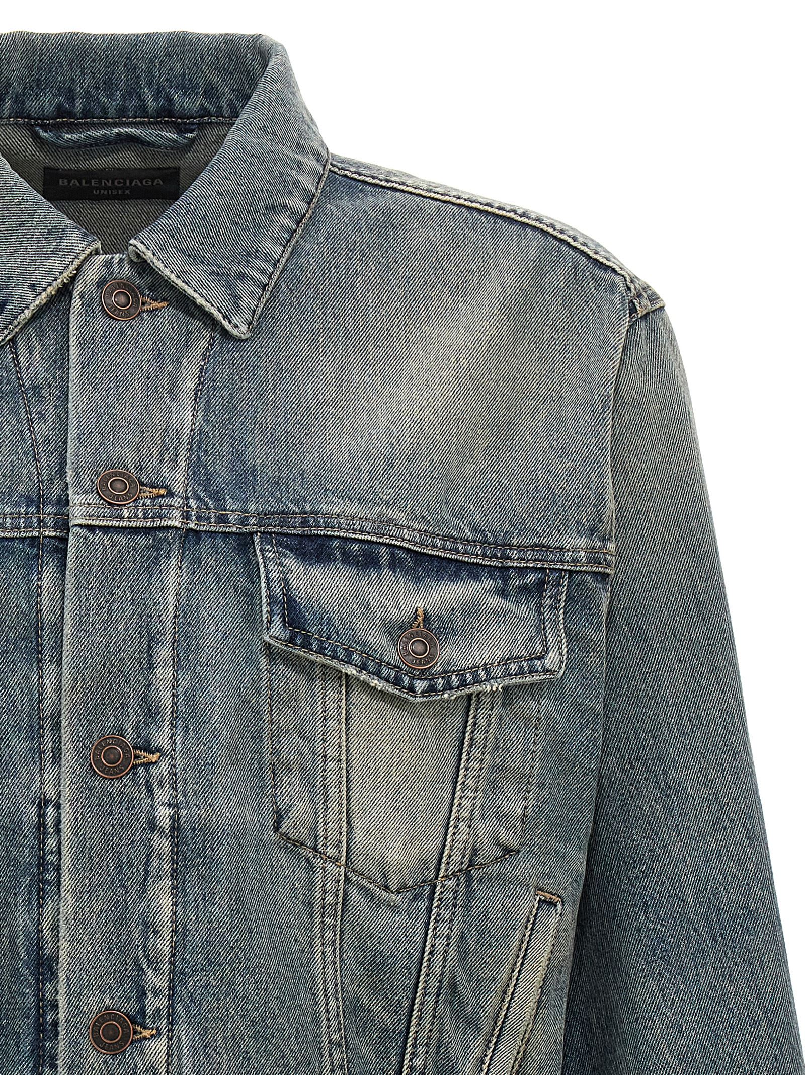 Shop Balenciaga Rhinestone Logo Denim Jacket In Blue