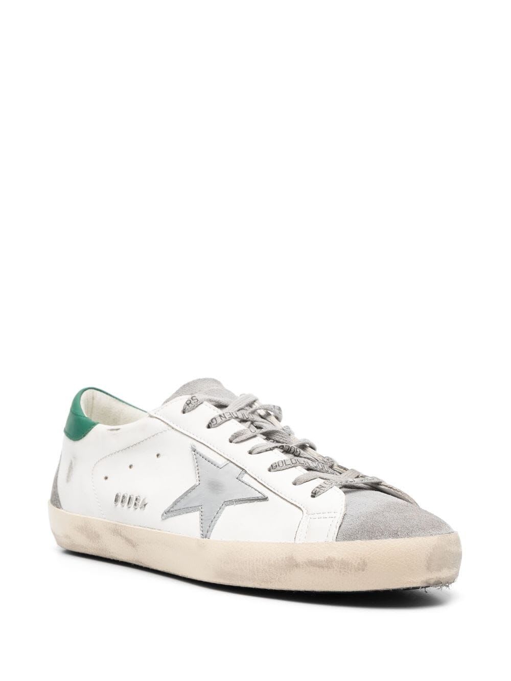 Shop Golden Goose Super-star Leather Upper And Heel Suede Toe And Spur Laminated Star Metal Lettering In White Grey Silver Green